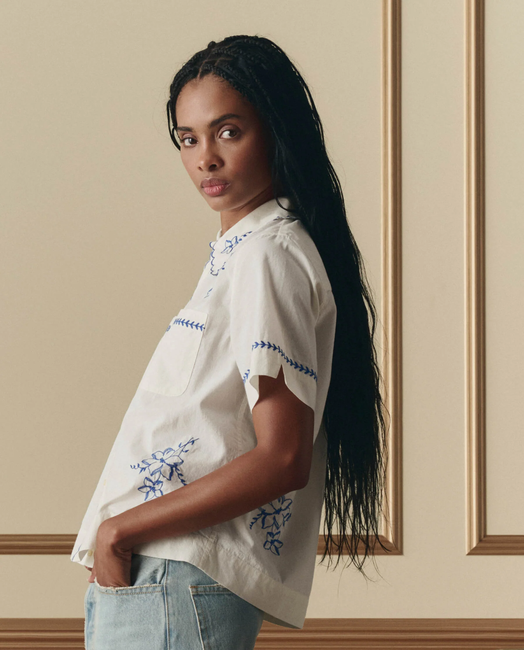 The Bowling Shirt W/ Hanky Embroidery. -- Cream