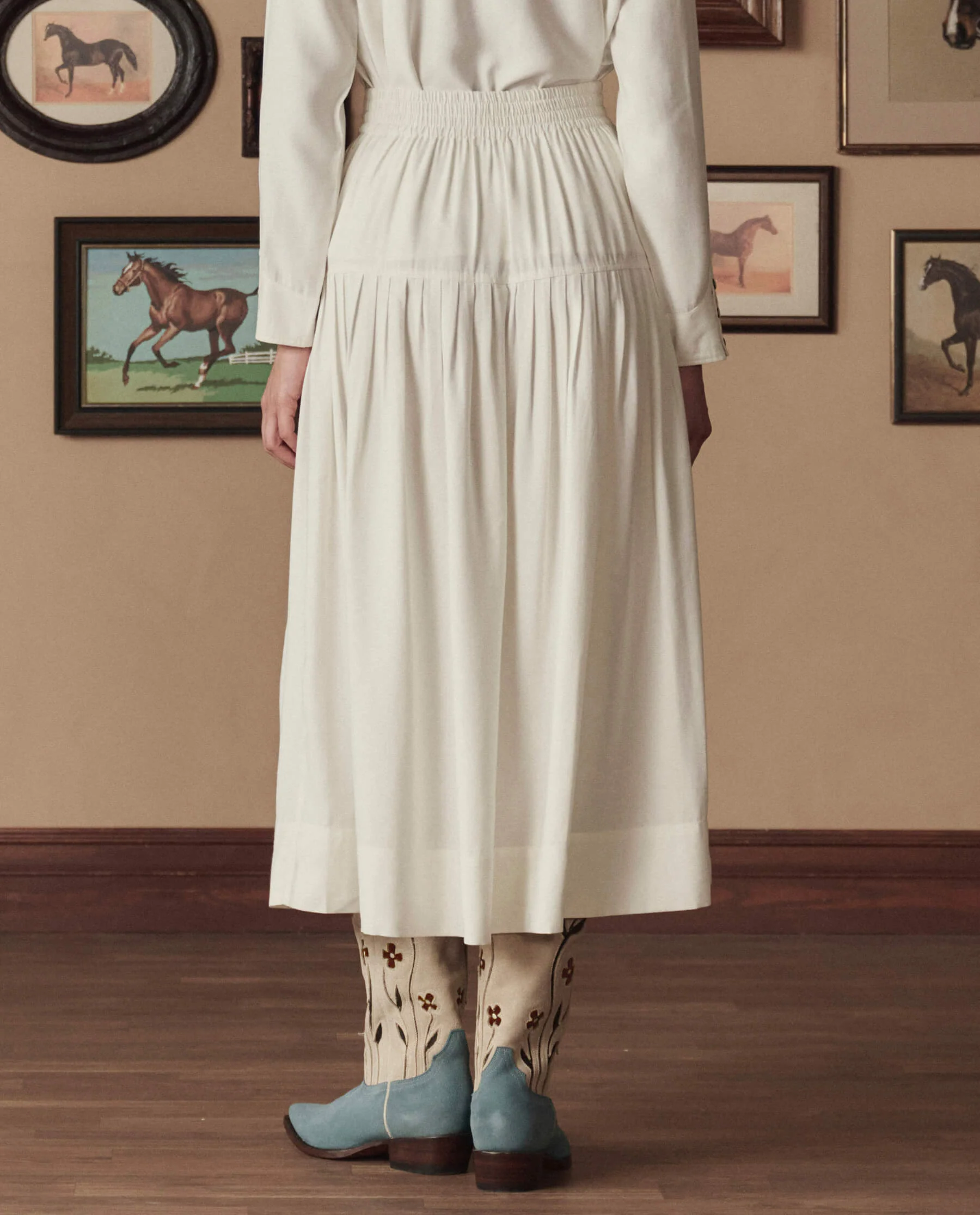 The Western Embroidered Highland Skirt. -- Cream With Chambray Mix Multi Emb
