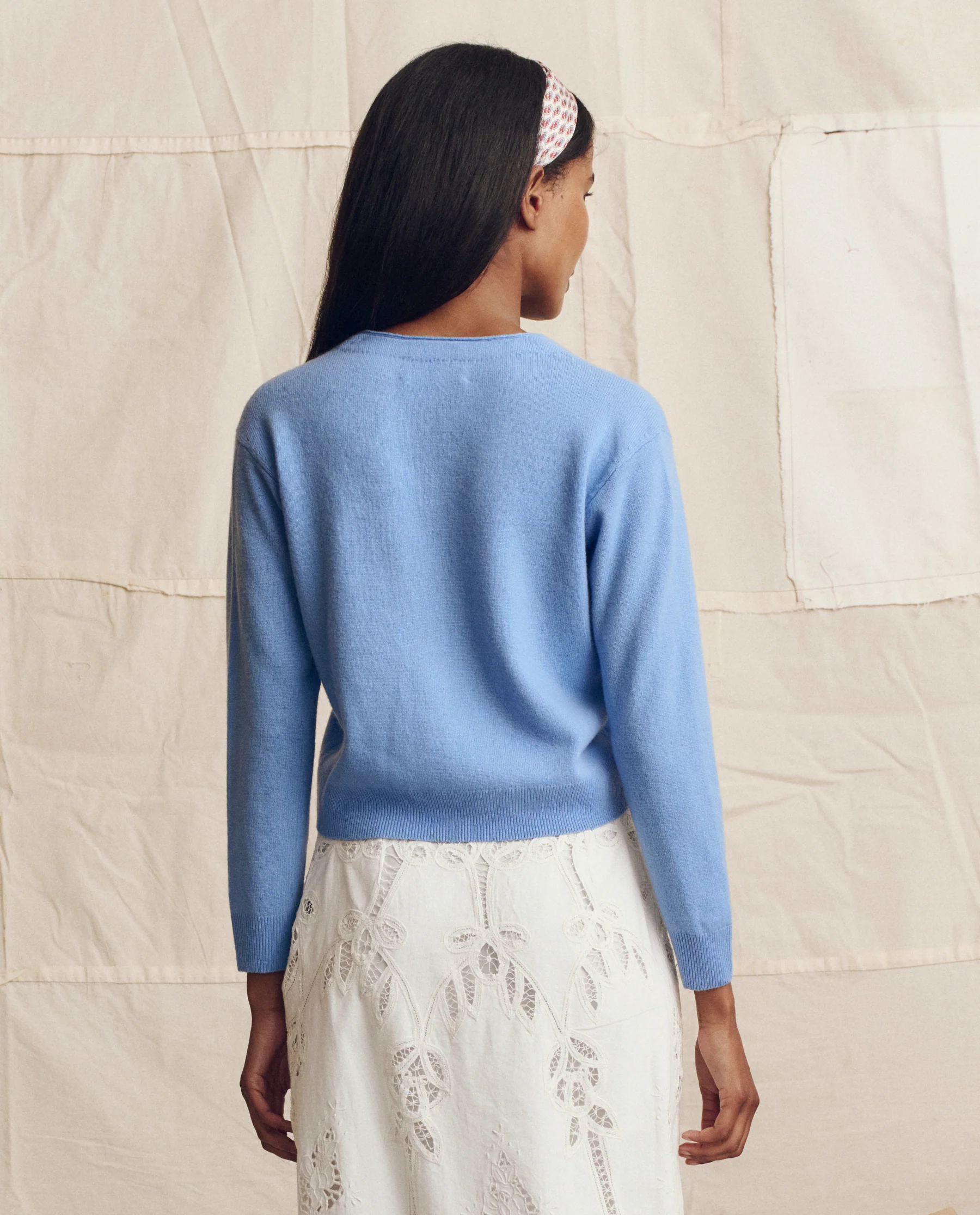 The Cashmere Tiny V Neck Cardigan. -- Soft Blue