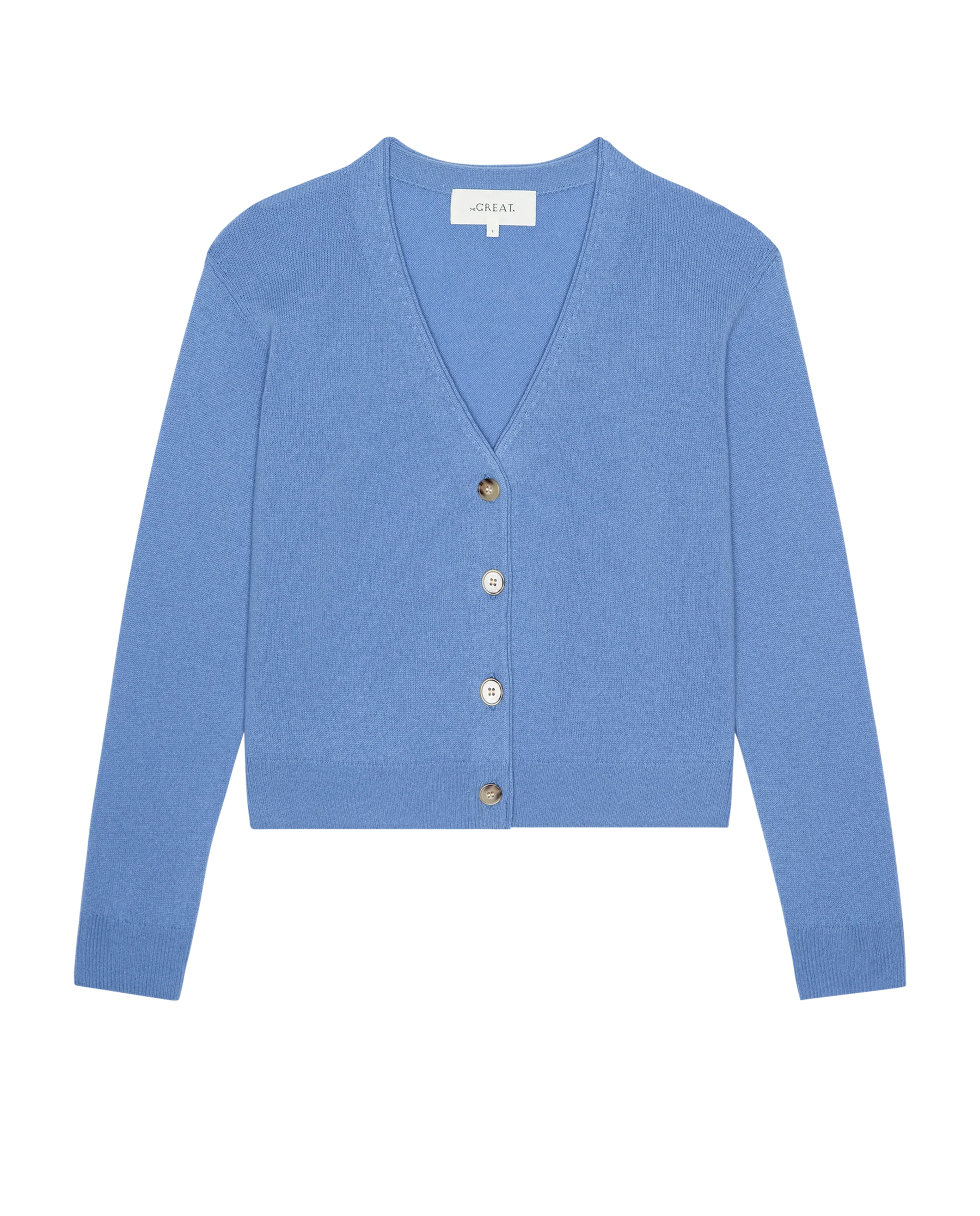 The Cashmere Tiny V Neck Cardigan. -- Soft Blue