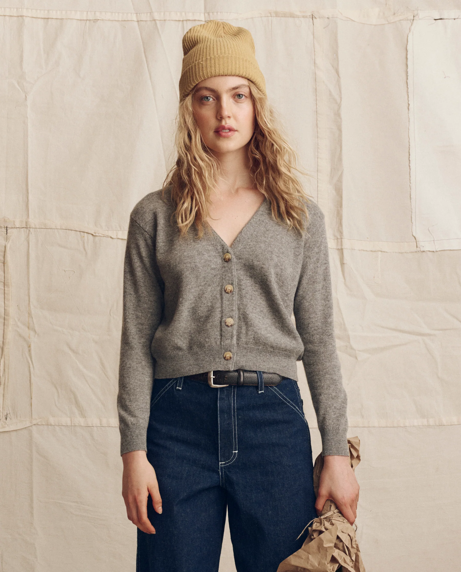 The Cashmere Tiny V Neck Cardigan. -- Heather Grey