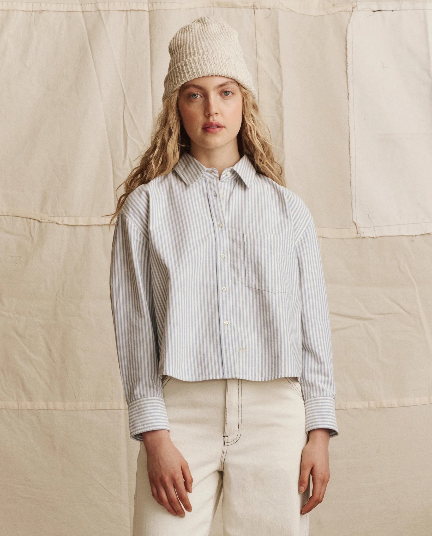 The Cropped Oxford Shirt. -- Soft Blue Stripe