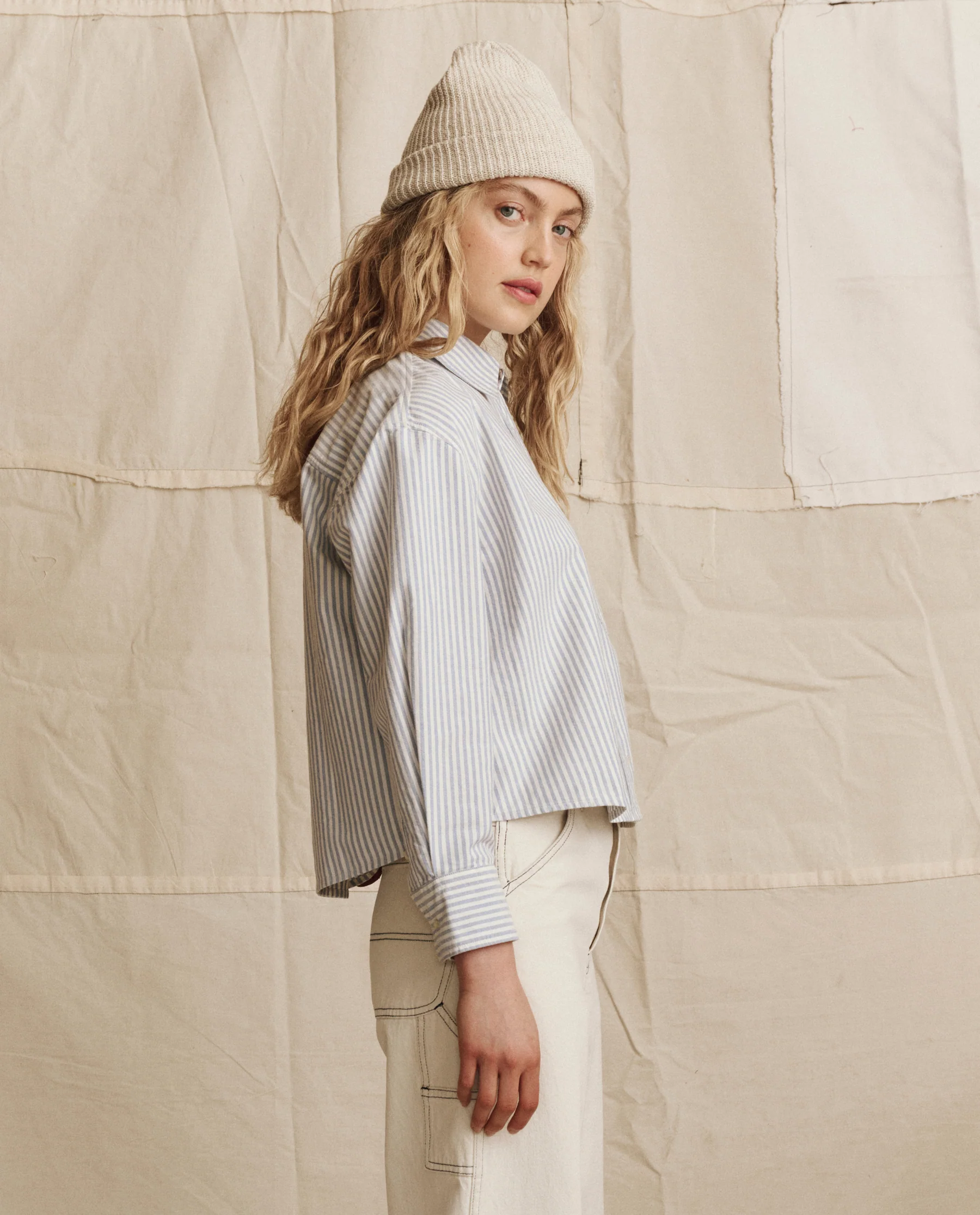The Cropped Oxford Shirt. -- Soft Blue Stripe