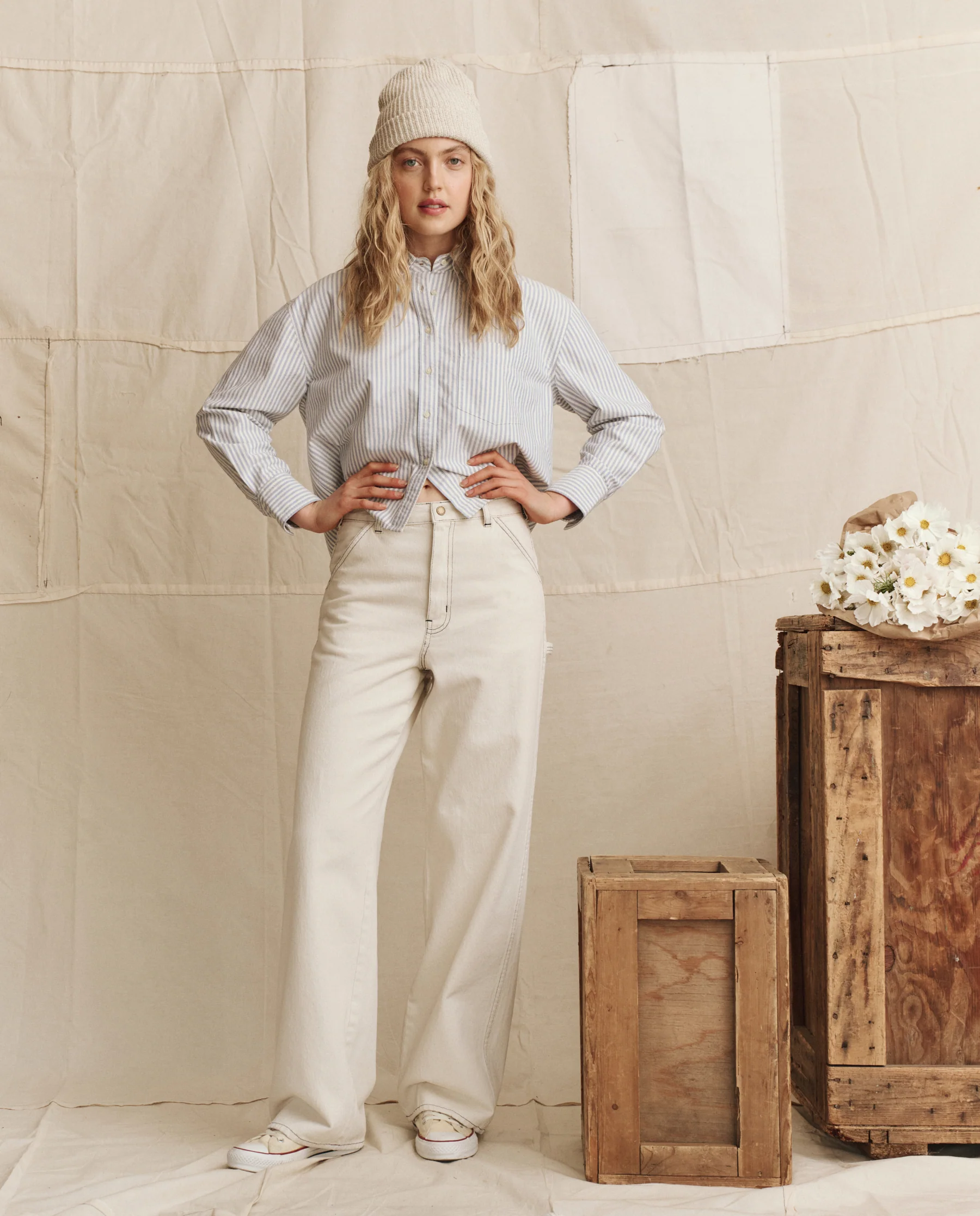 The Cropped Oxford Shirt. -- Soft Blue Stripe
