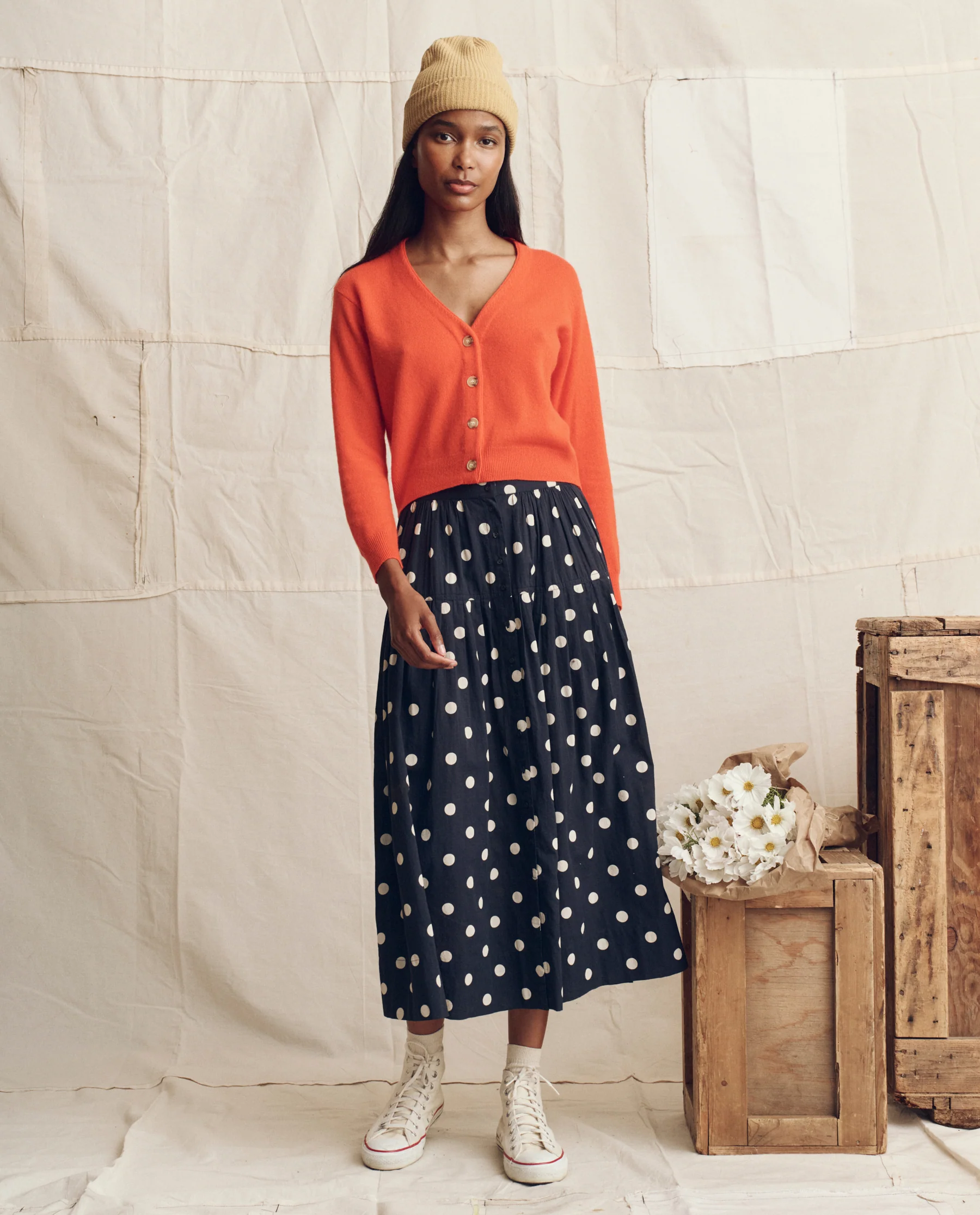 The Cashmere Tiny V Neck Cardigan. -- Hot Orange