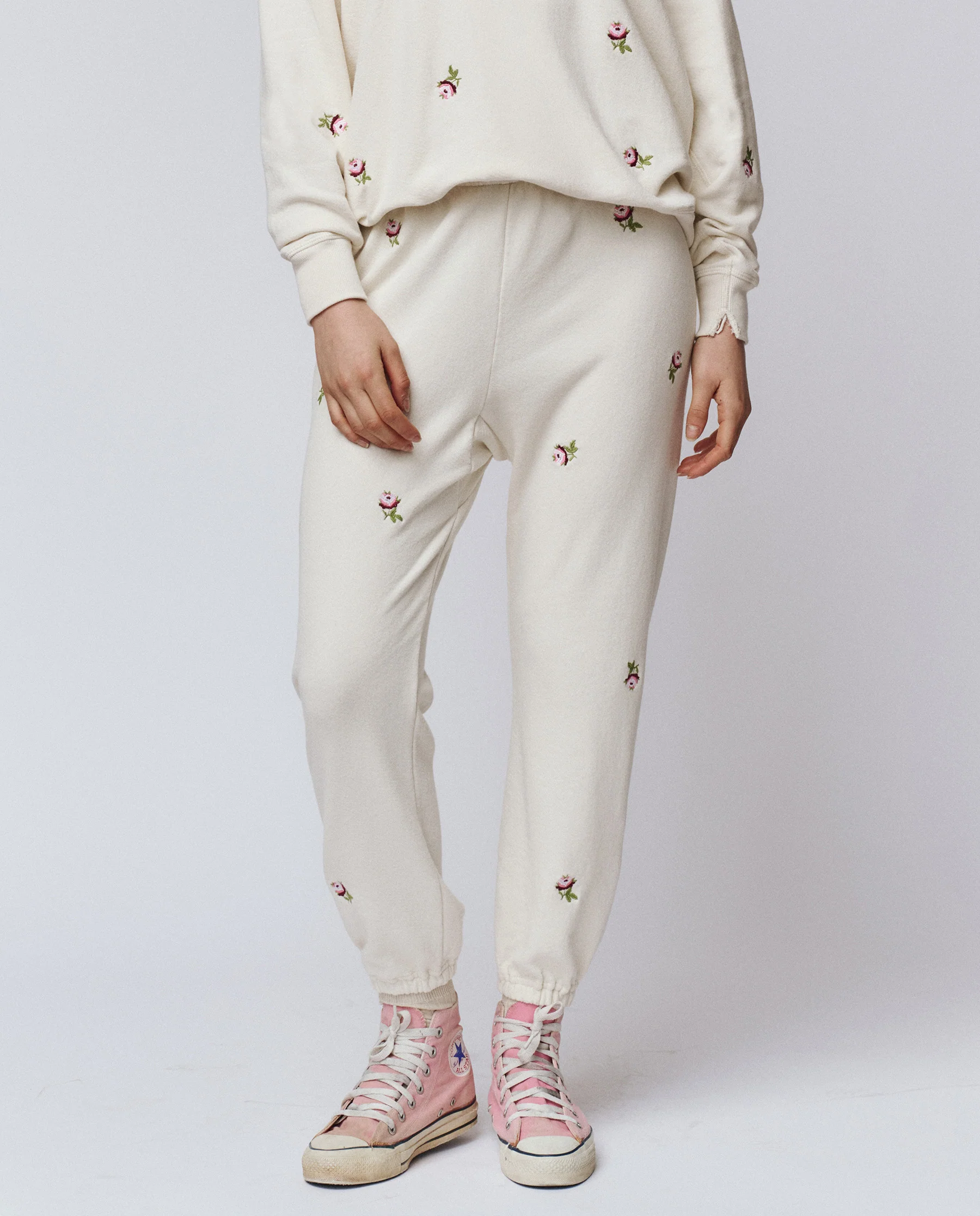 The Stadium Sweatpant. Embroidered -- Washed White With Embroidered Roses