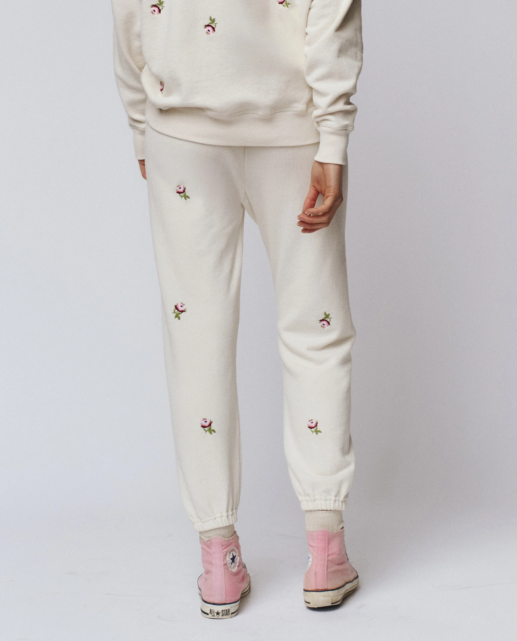 The Stadium Sweatpant. Embroidered -- Washed White With Embroidered Roses