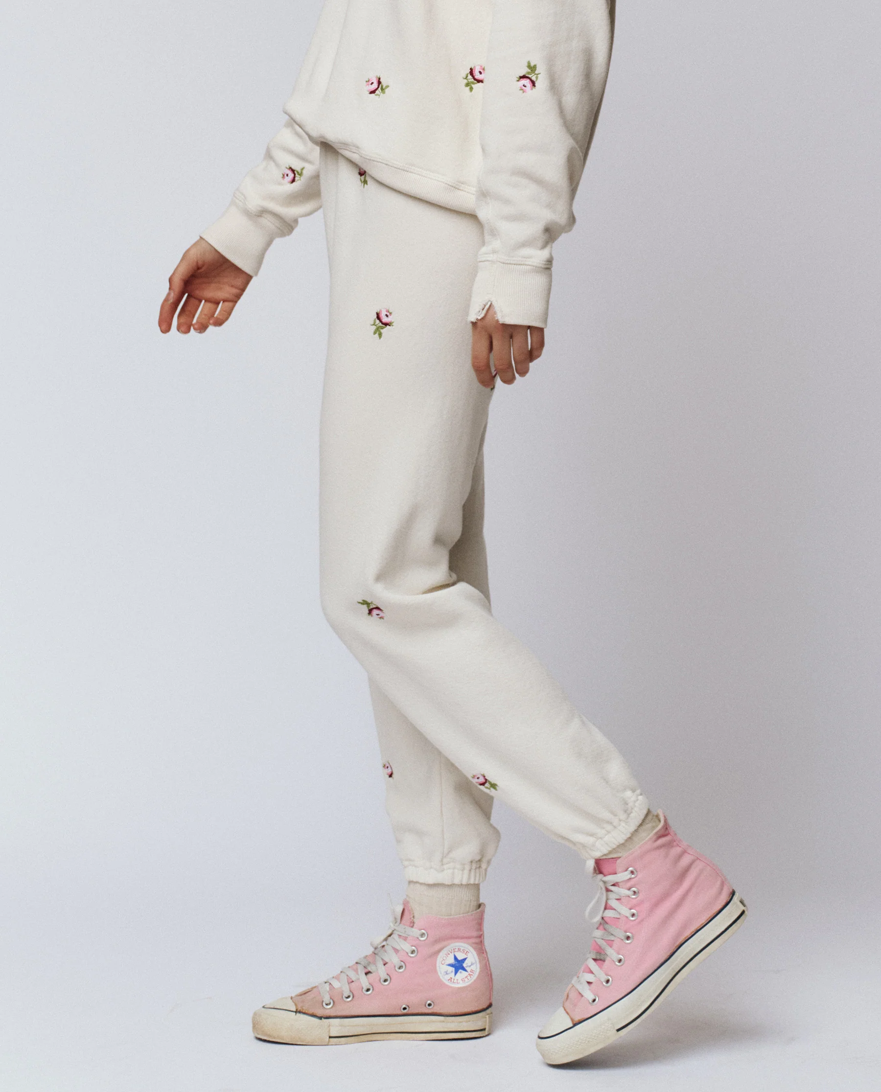 The Stadium Sweatpant. Embroidered -- Washed White With Embroidered Roses
