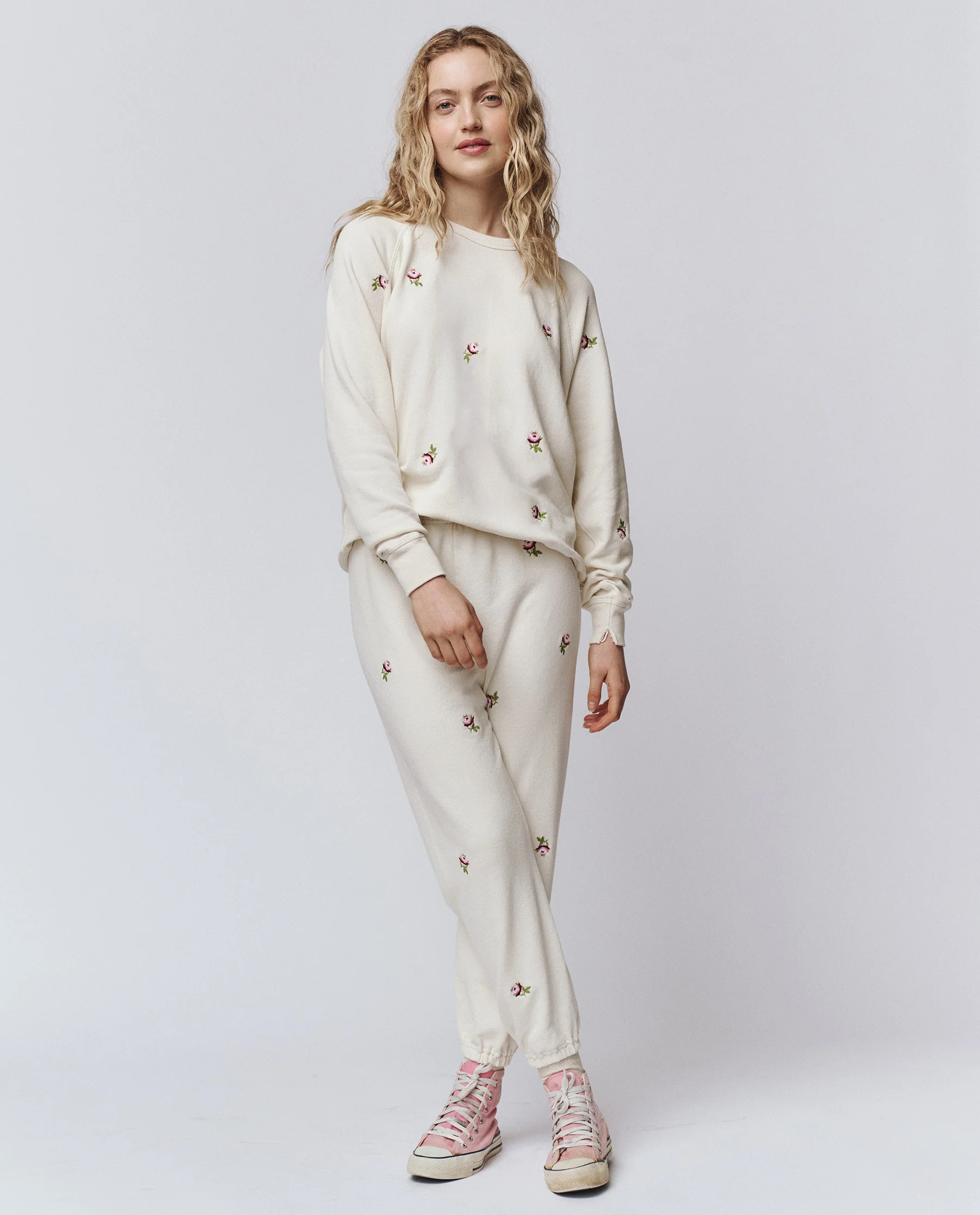 The Stadium Sweatpant. Embroidered -- Washed White With Embroidered Roses