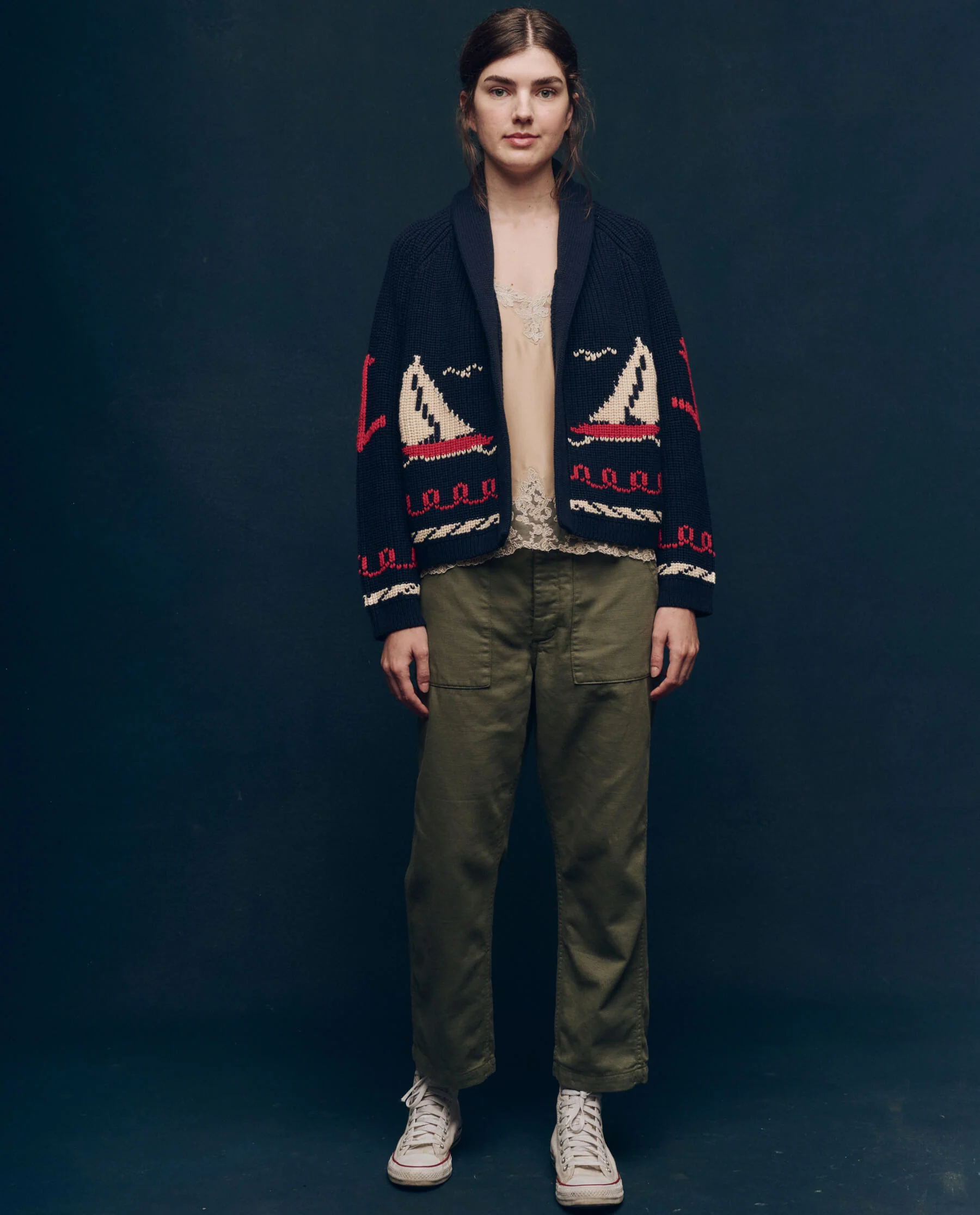 The Sailboat Lodge Cardigan. -- Dark Navy