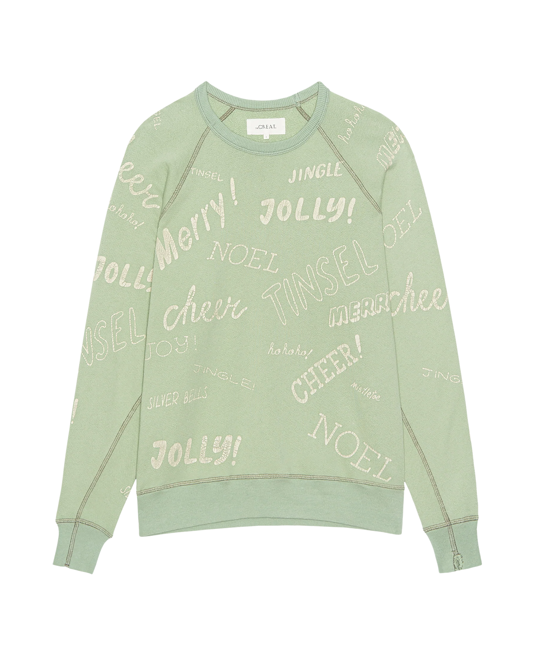 The Men's College Sweatshirt. Graphic -- Vintage Mint with Holiday Greetings Graphic