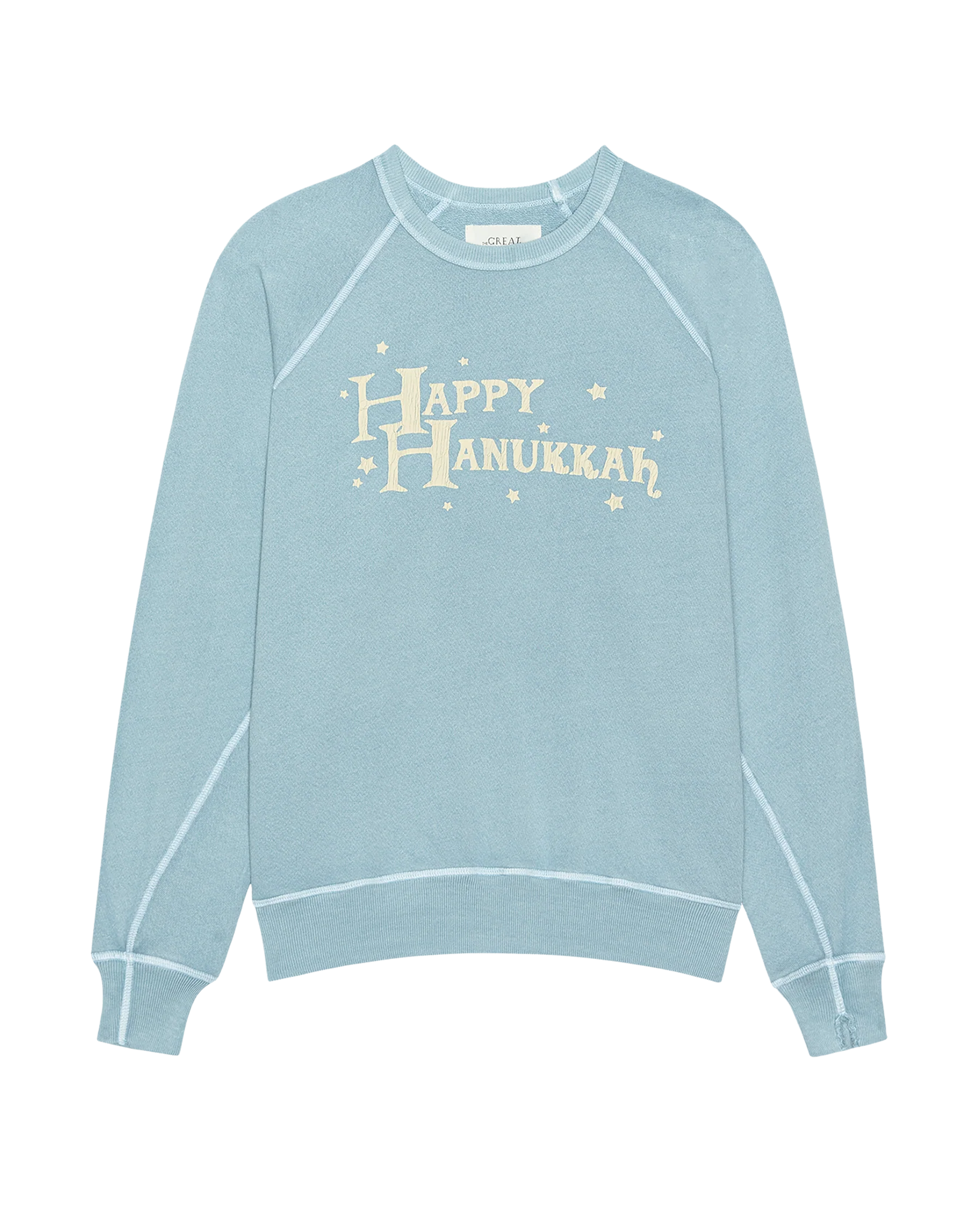 The Men's College Sweatshirt. Graphic -- Confection Blue with Happy Hannukah Graphic