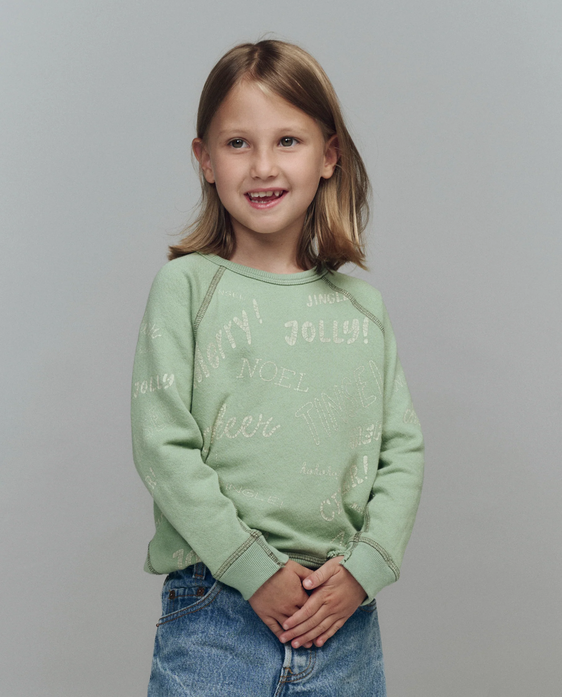 The Little College Sweatshirt. Graphic -- Vintage Mint with Holiday Greetings Graphic