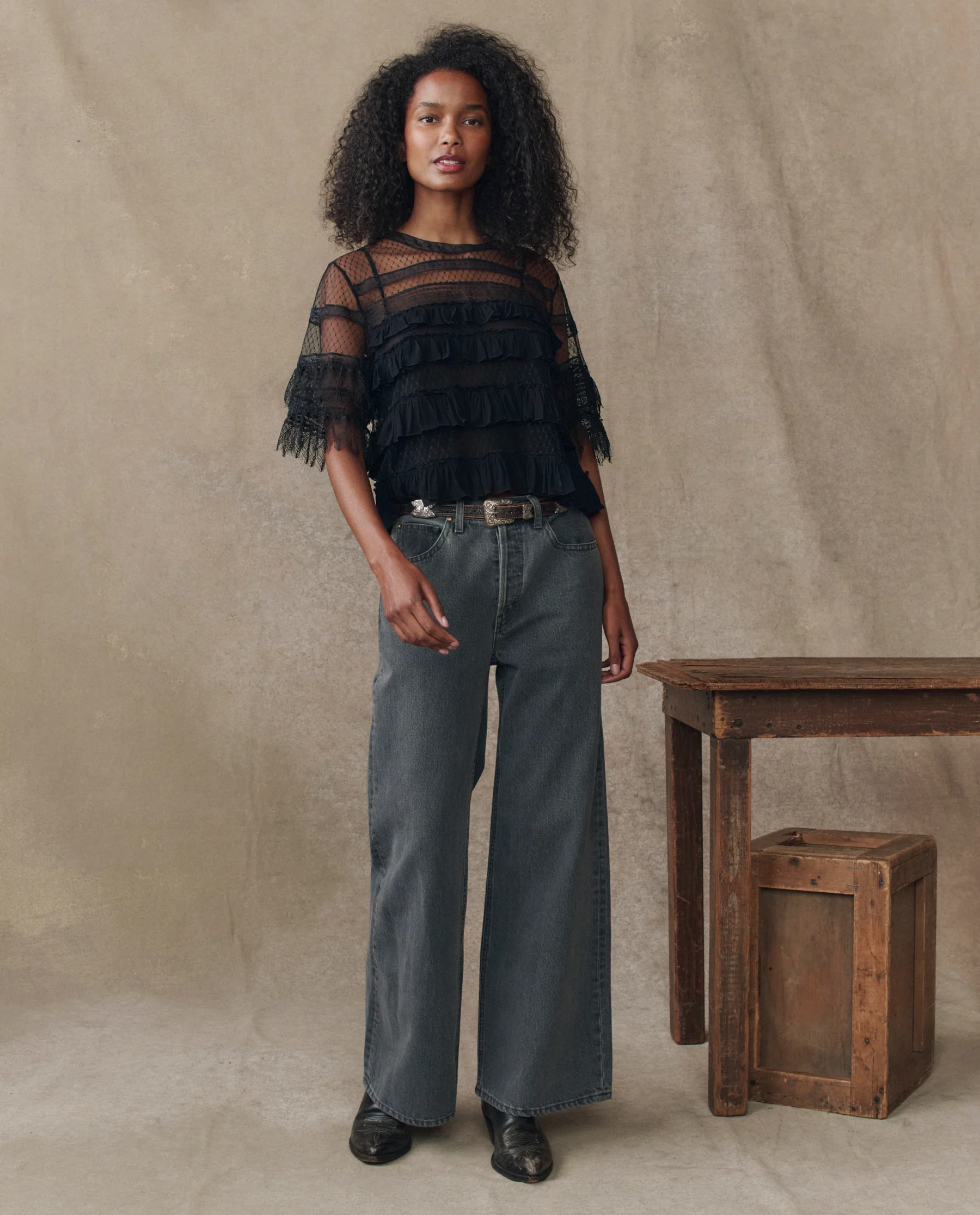 The Winter Mesh Flounce Top. -- Black