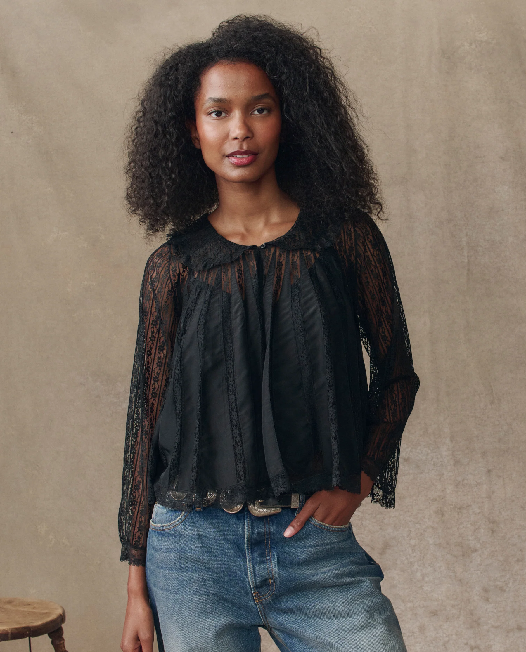 The Keepsake Lace Collared Top. -- Black