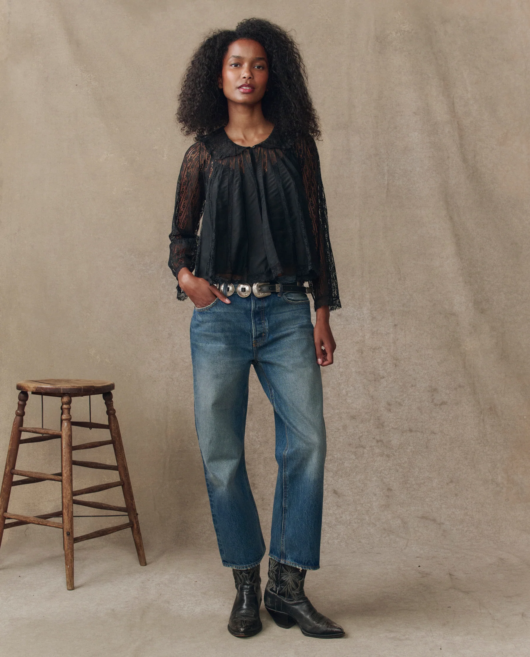The Keepsake Lace Collared Top. -- Black