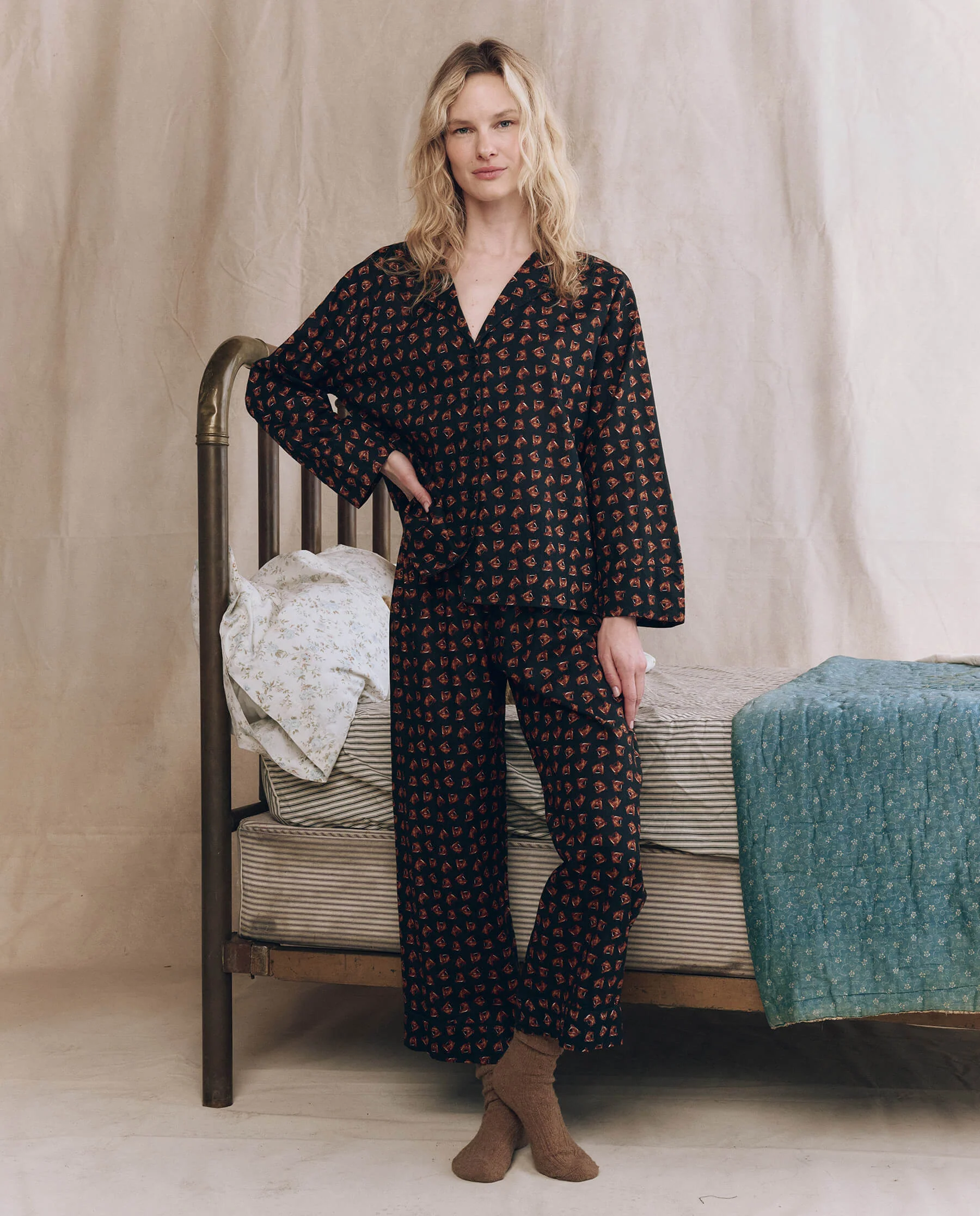 The Pajama Shirt. -- Navy Horse Medallion Print