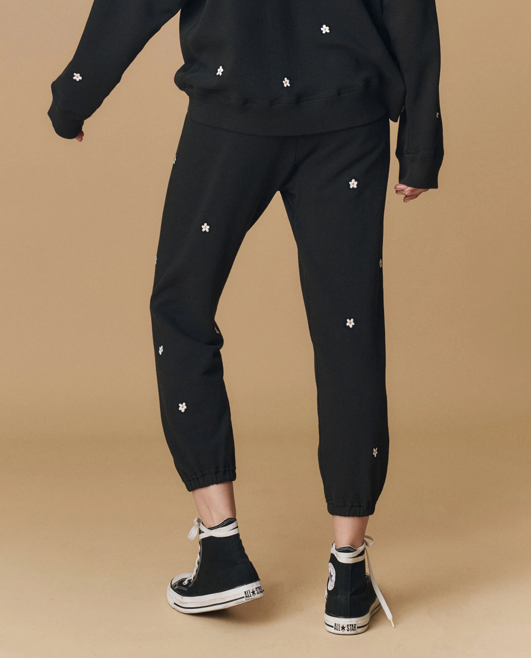 The Stadium Sweatpant. Embroidered -- Almost Black With Daisy Embroidery