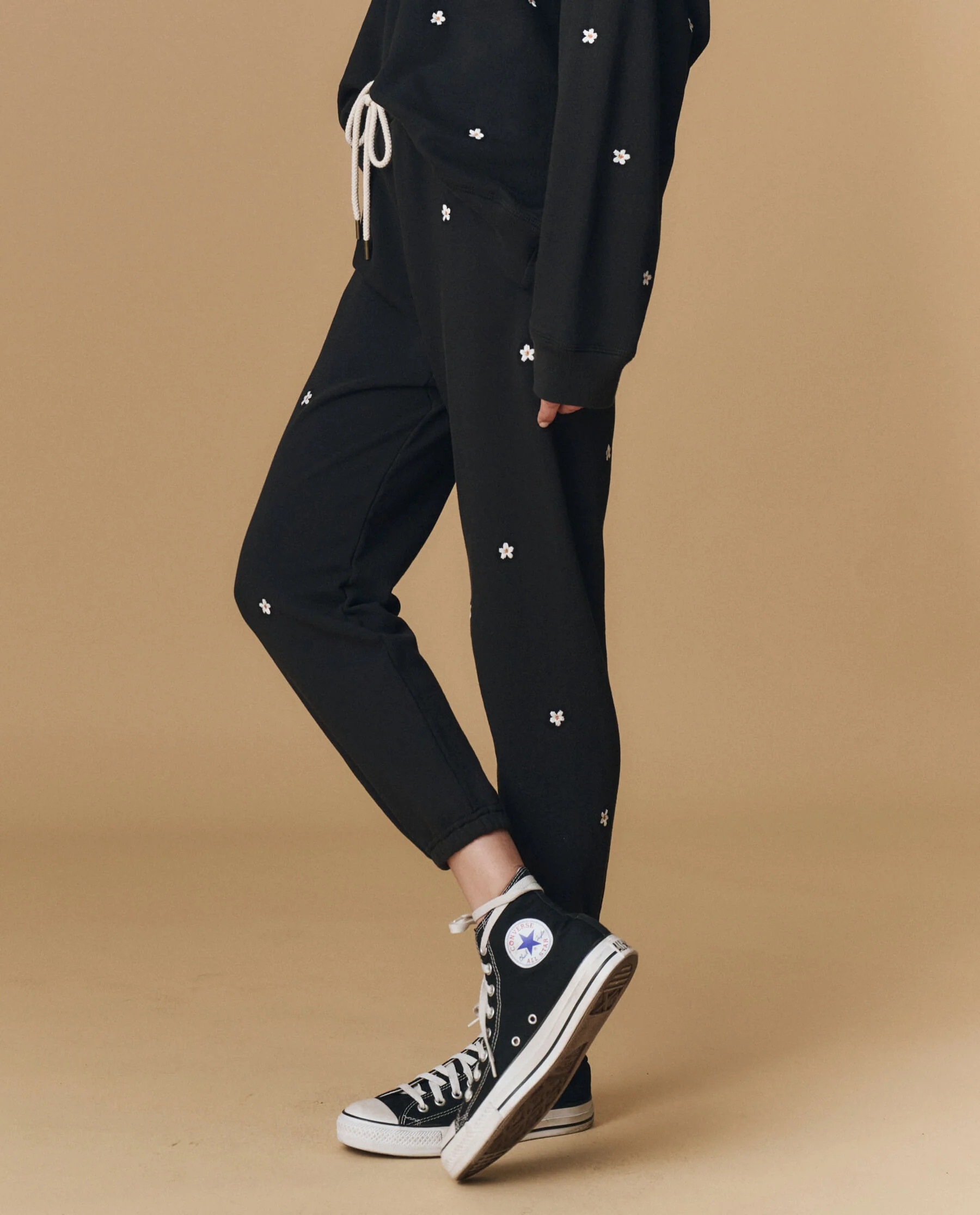 The Stadium Sweatpant. Embroidered -- Almost Black With Daisy Embroidery