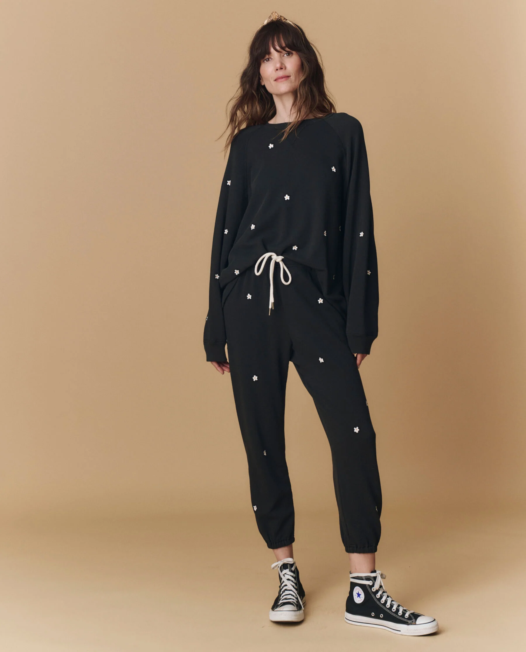 The Stadium Sweatpant. Embroidered -- Almost Black With Daisy Embroidery