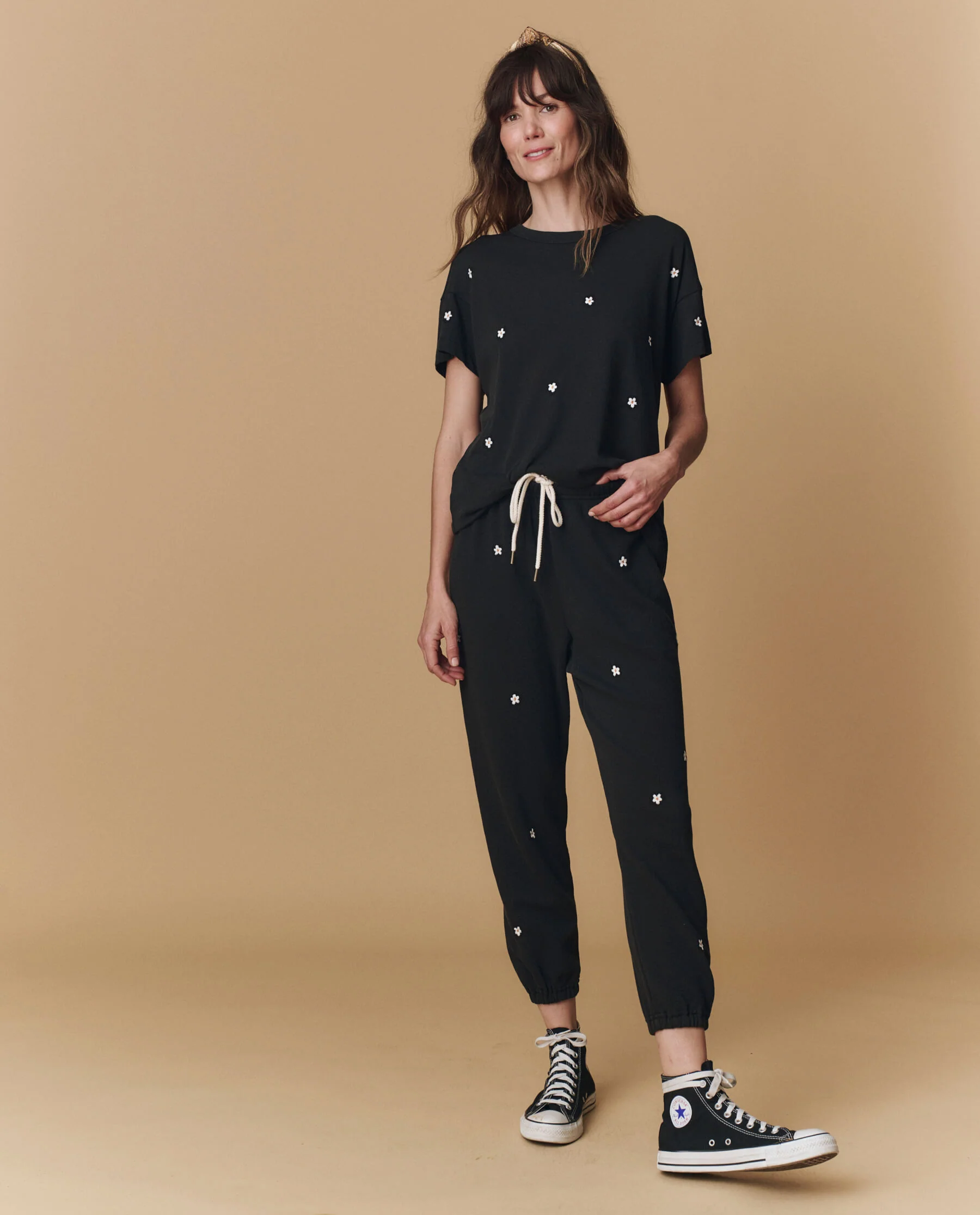 The Boxy Crew. Embroidered -- Almost Black With Daisy Embroidery