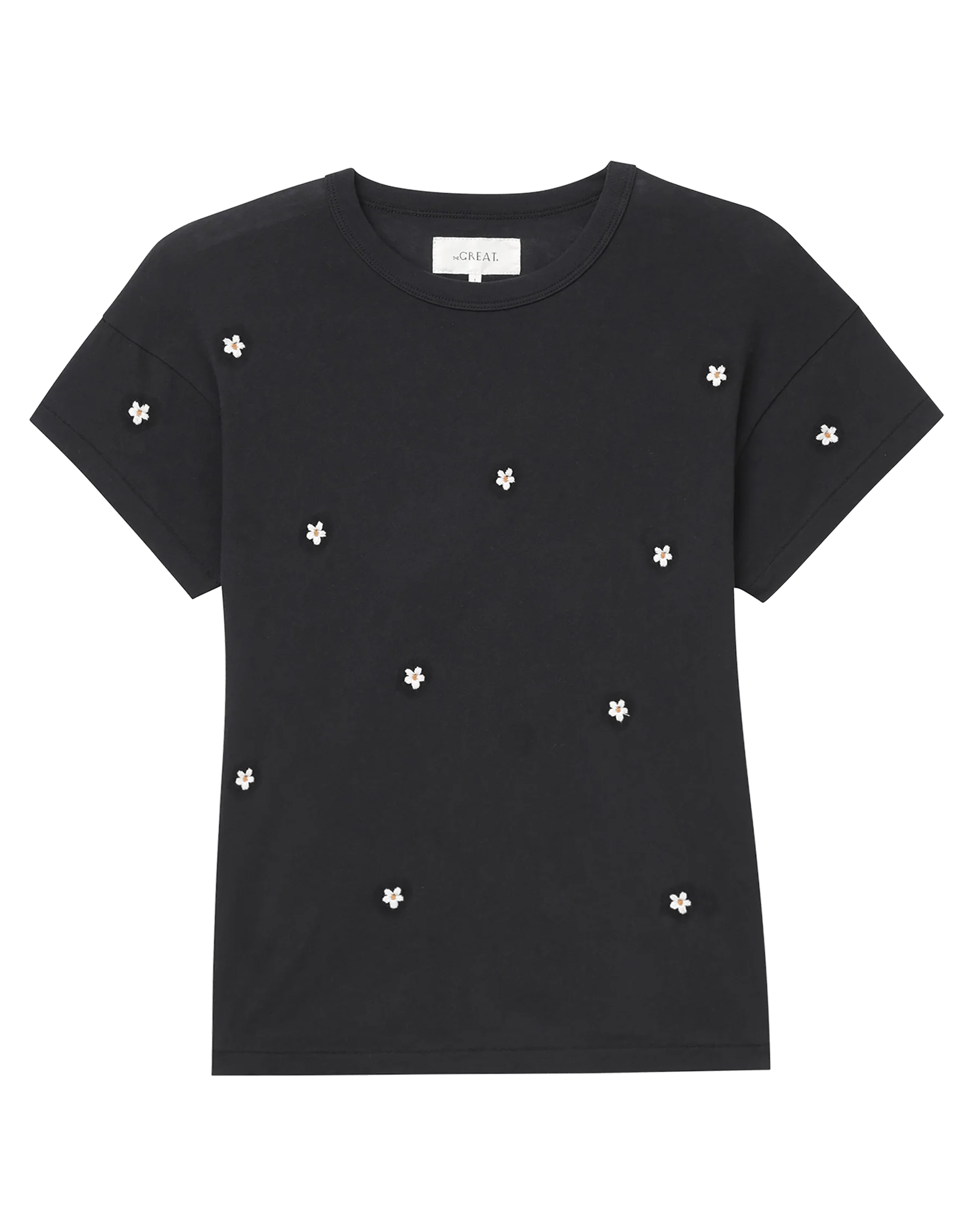The Boxy Crew. Embroidered -- Almost Black With Daisy Embroidery