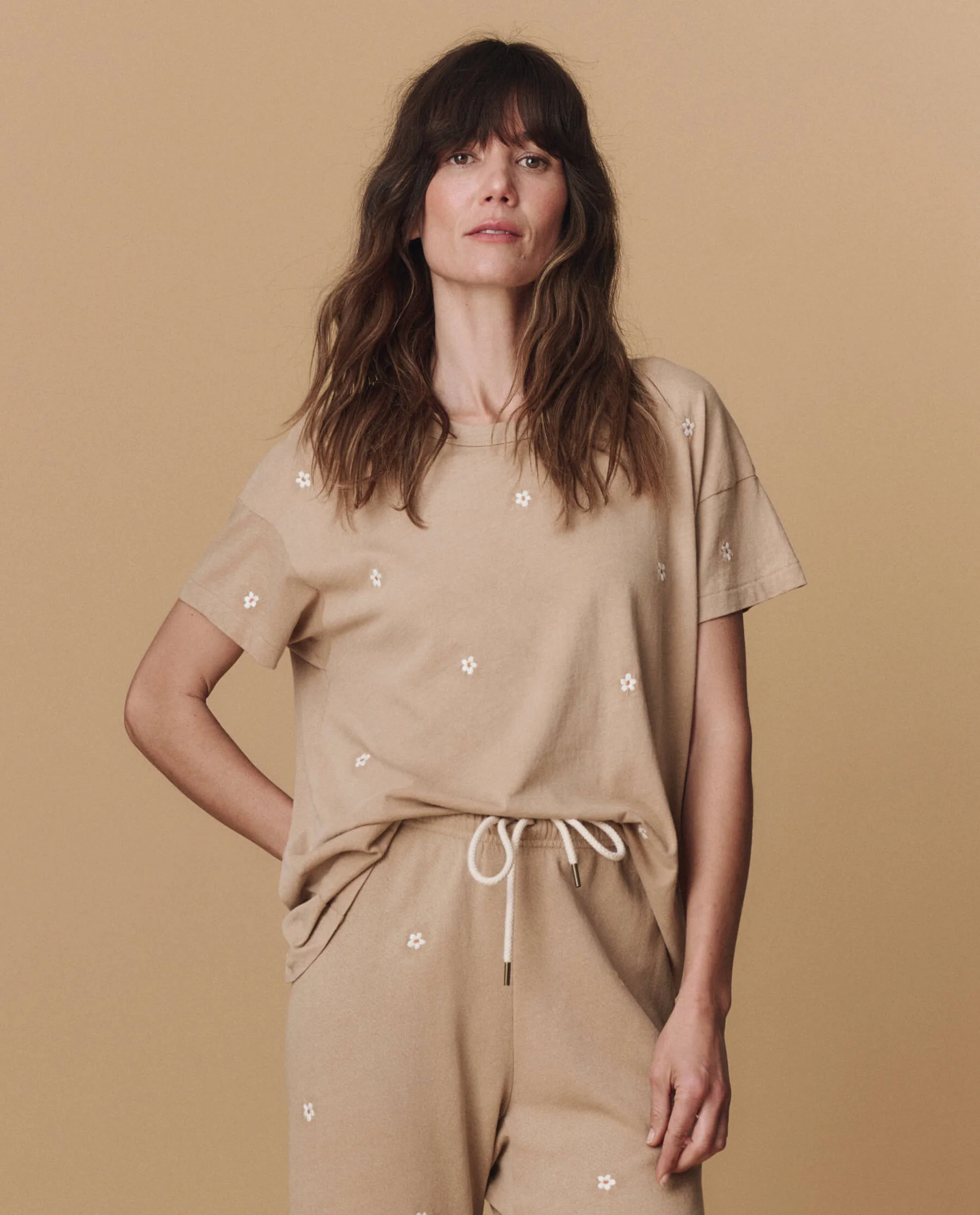 The Boxy Crew. Embroidered -- Khaki with Daisy Embroidery