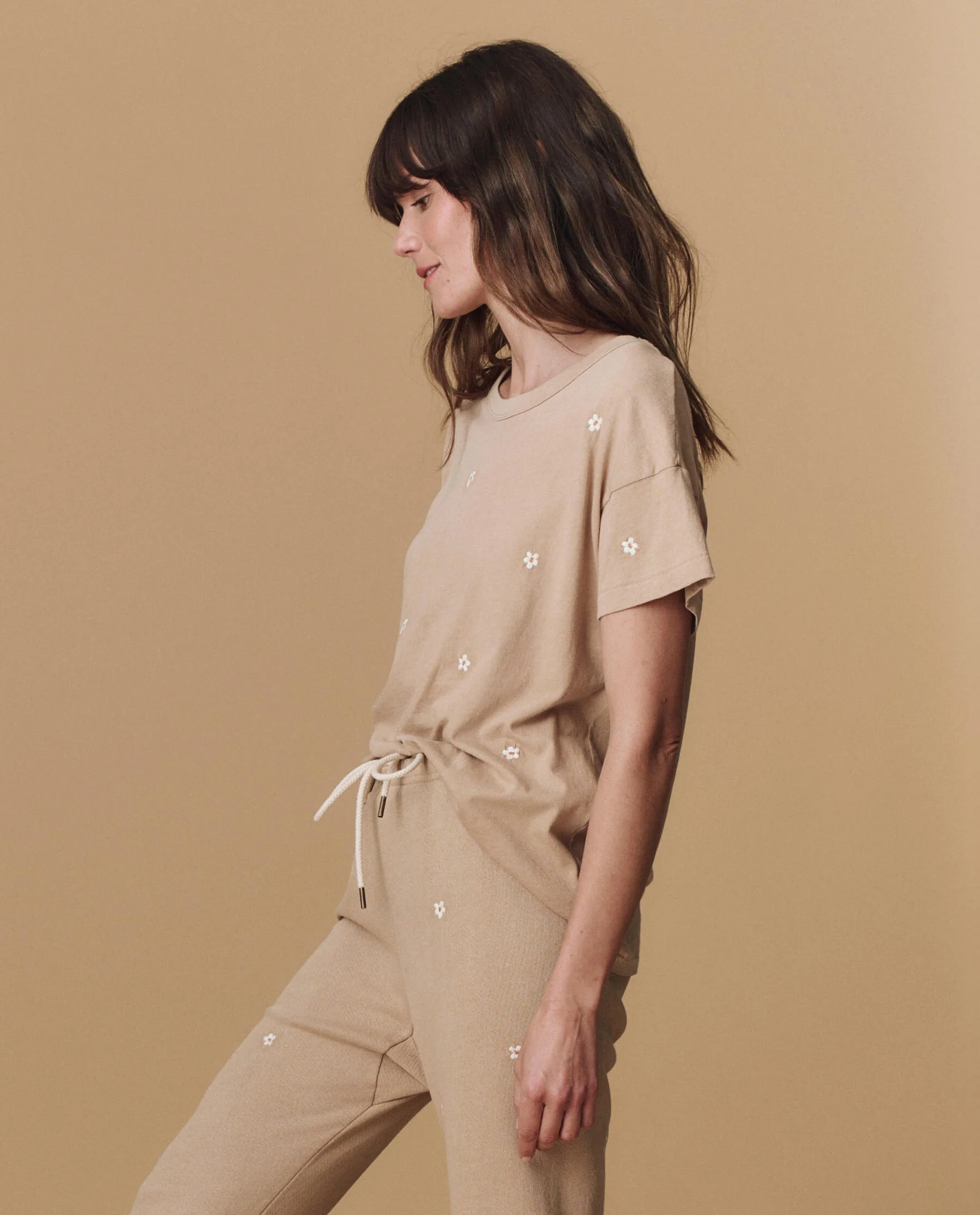 The Boxy Crew. Embroidered -- Khaki with Daisy Embroidery
