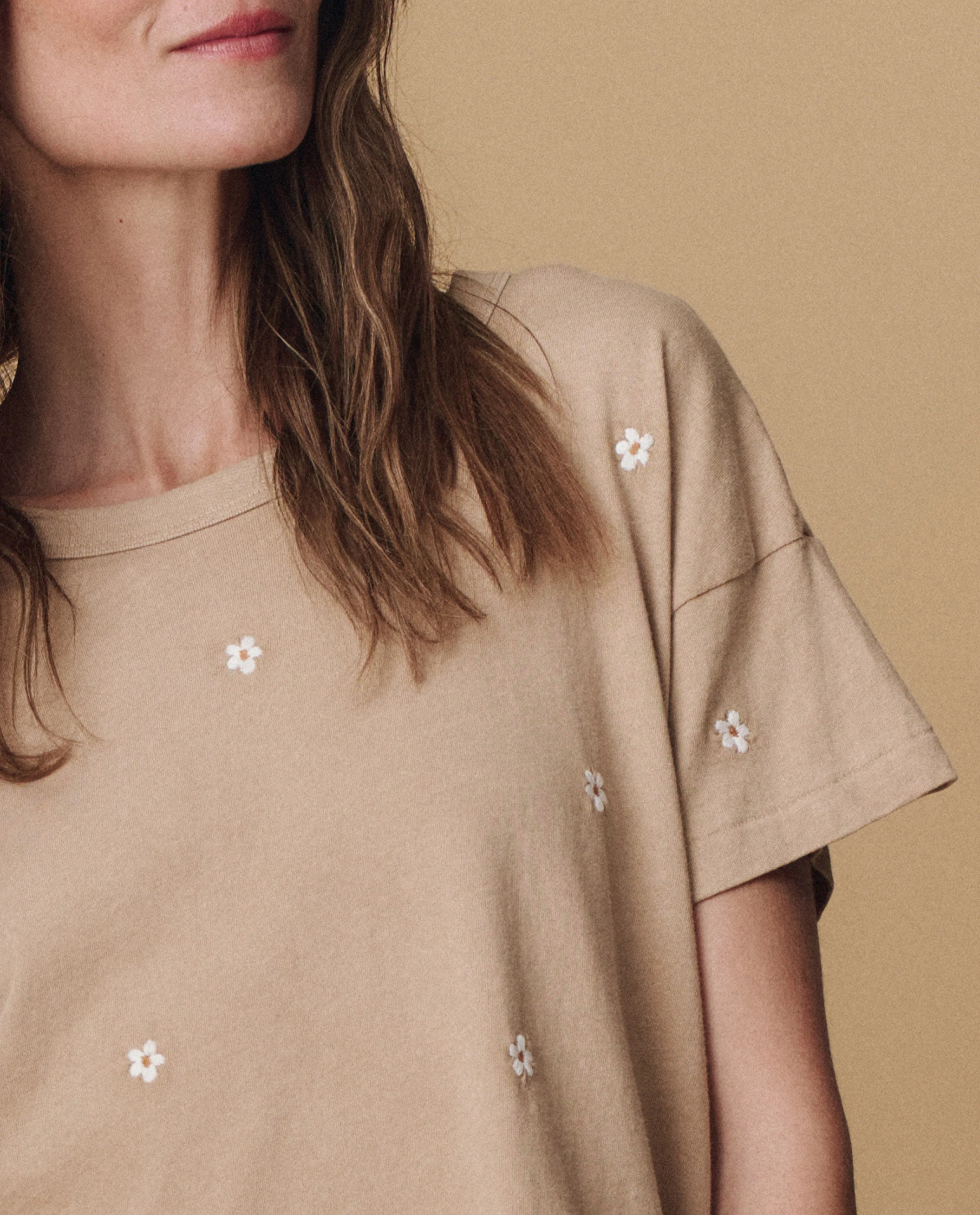 The Boxy Crew. Embroidered -- Khaki with Daisy Embroidery