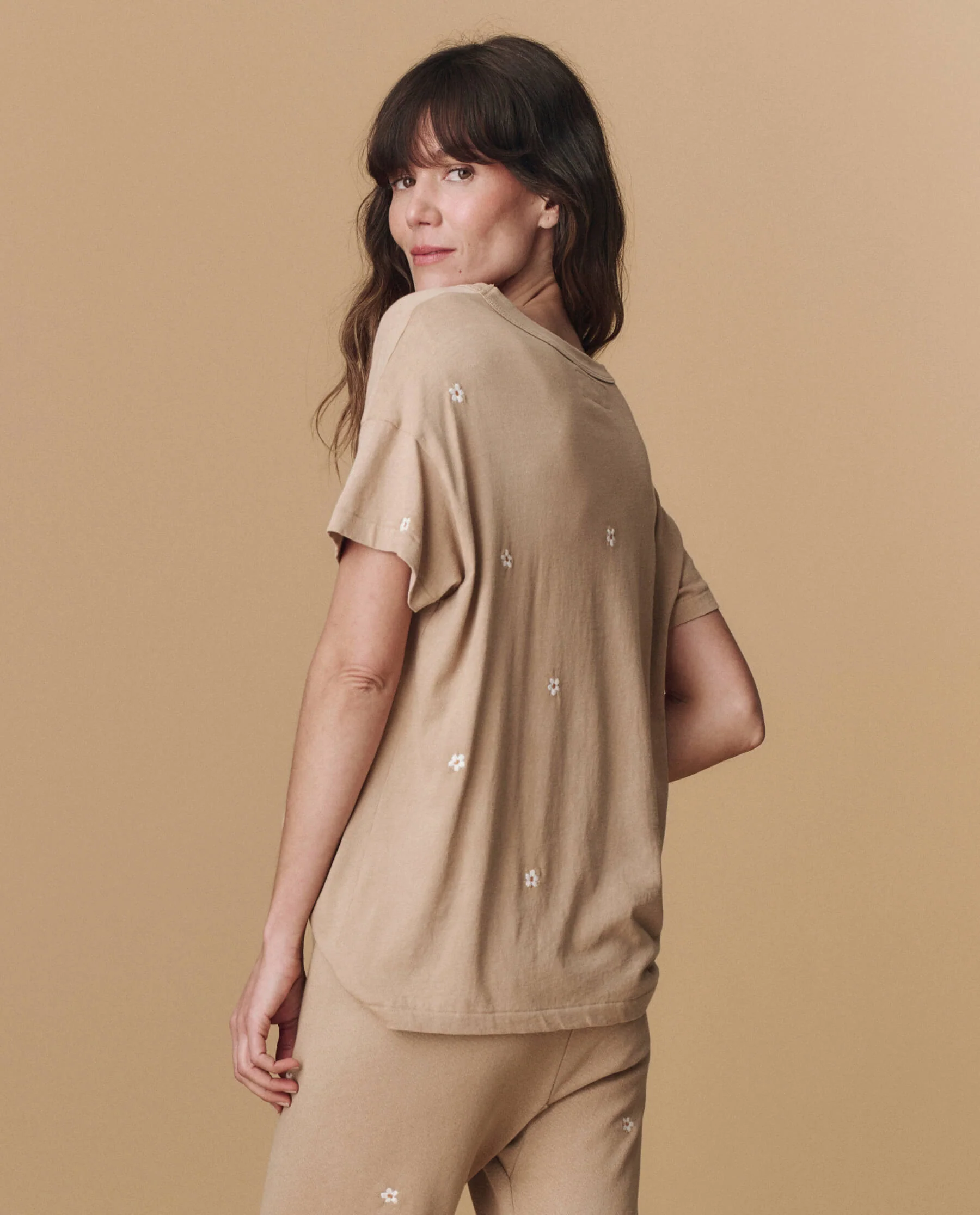 The Boxy Crew. Embroidered -- Khaki with Daisy Embroidery