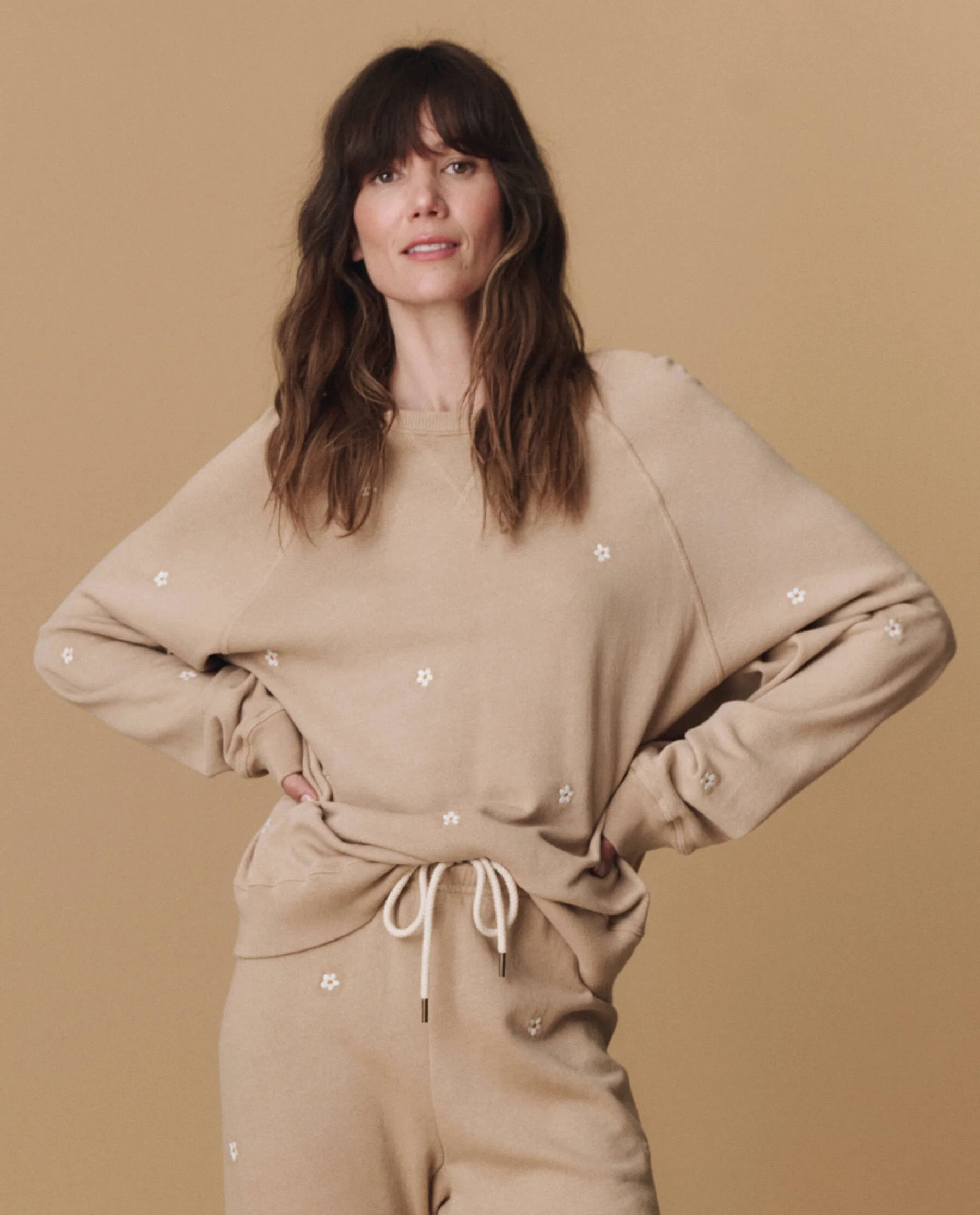 The Slouch Sweatshirt. Embroidered -- Khaki with Daisy Embroidery