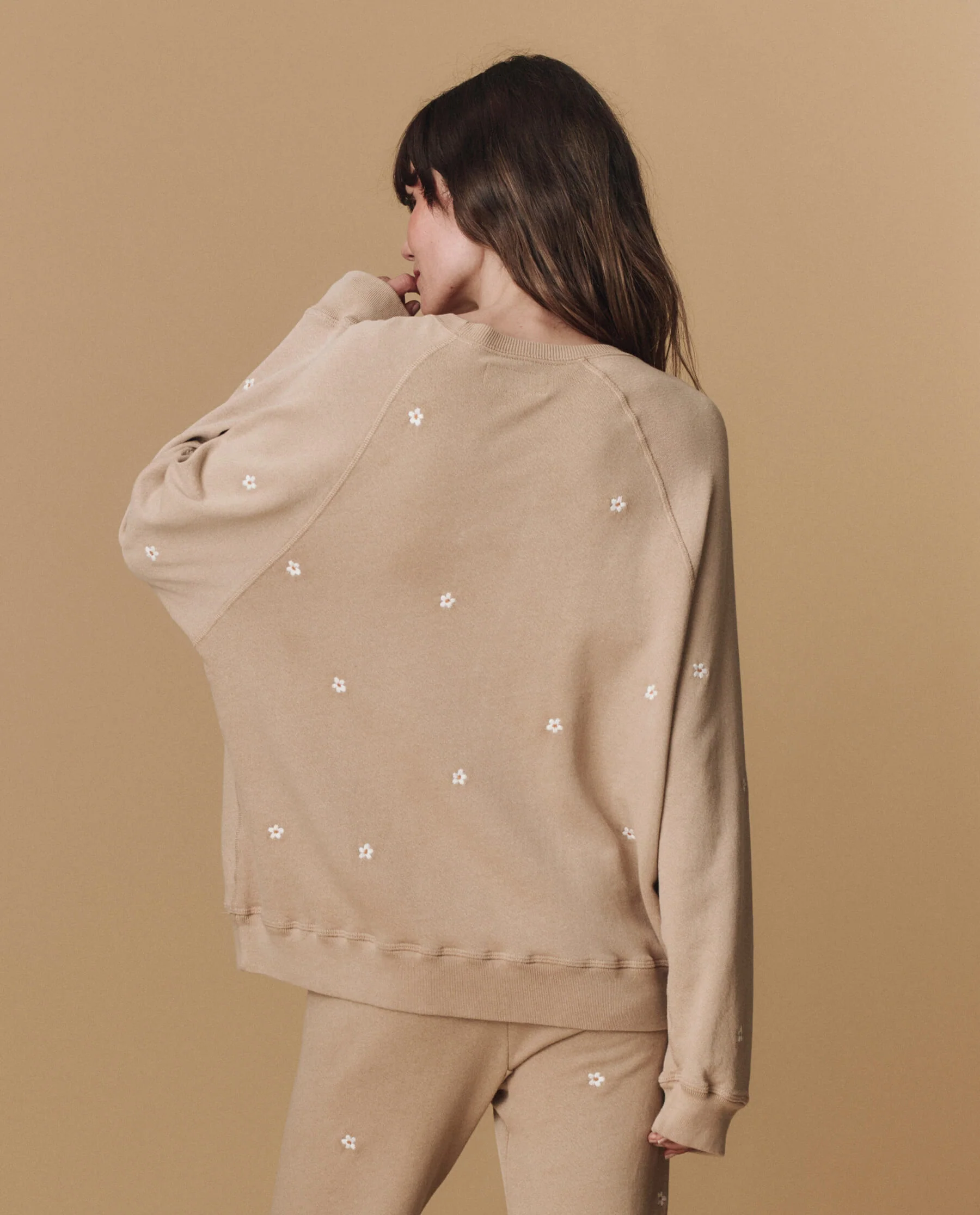 The Slouch Sweatshirt. Embroidered -- Khaki with Daisy Embroidery