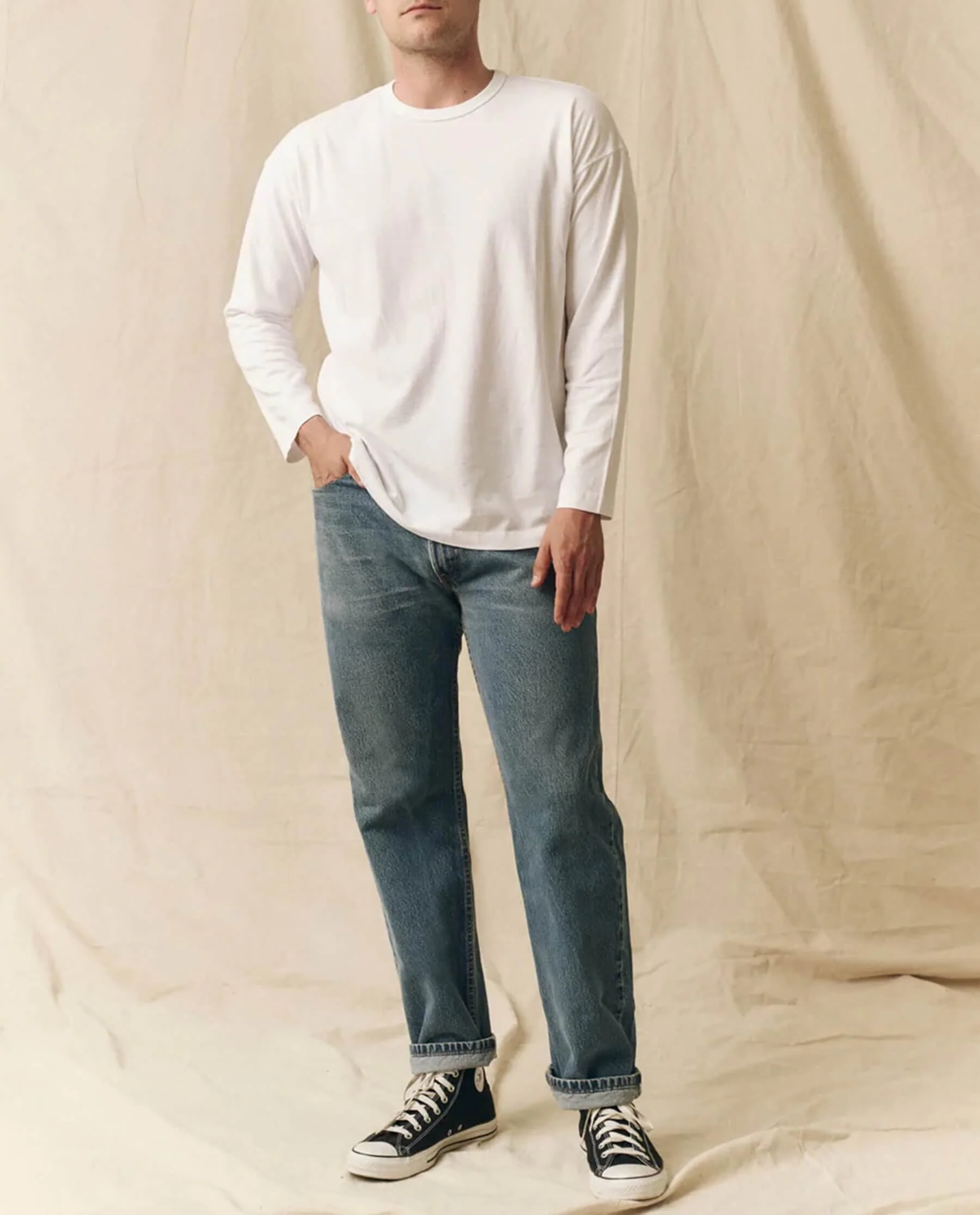The Men's Pure Knits Long Sleeve Boxy Crew. Solid -- True White