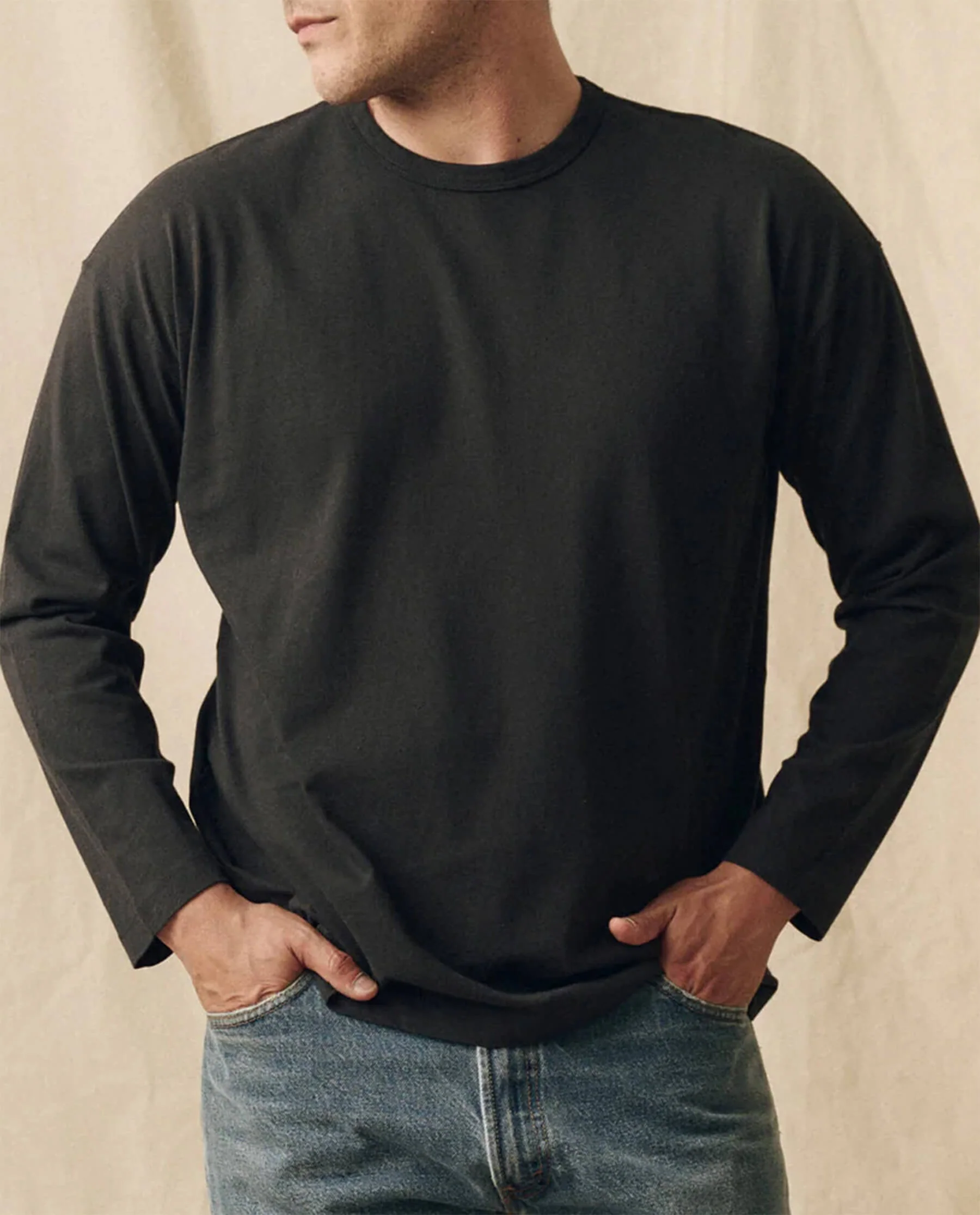 The Men's Pure Knits Long Sleeve Boxy Crew. Solid -- Almost Black