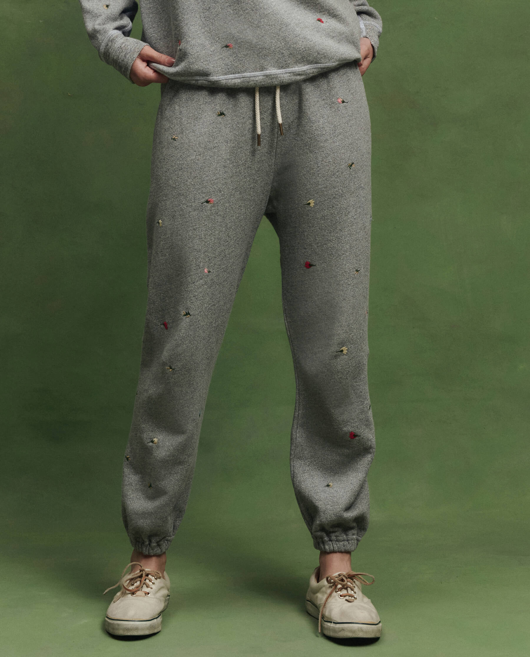 The Stadium Sweatpant w/ Tossed Floral Embroidery. -- Varsity Grey