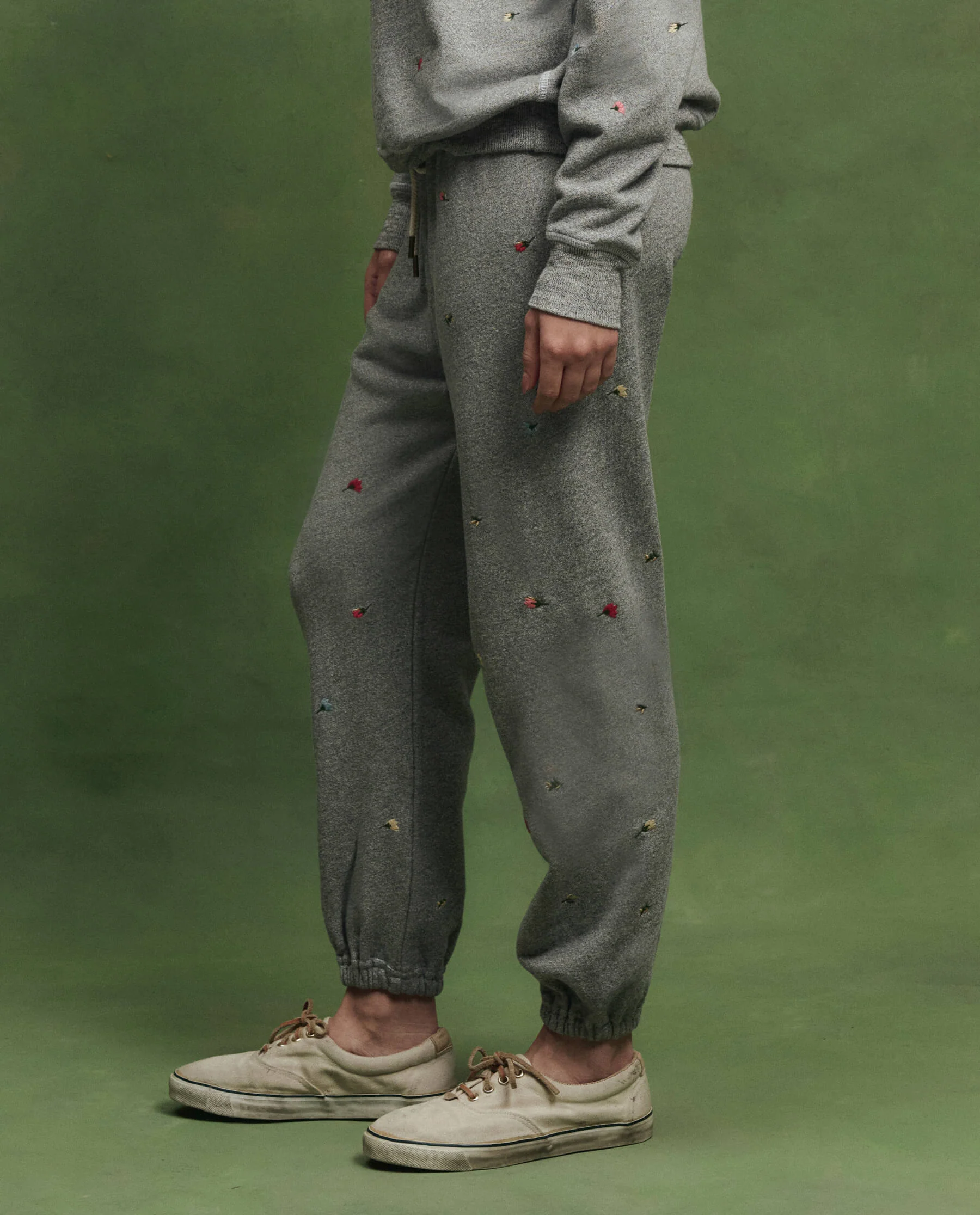 The Stadium Sweatpant w/ Tossed Floral Embroidery. -- Varsity Grey