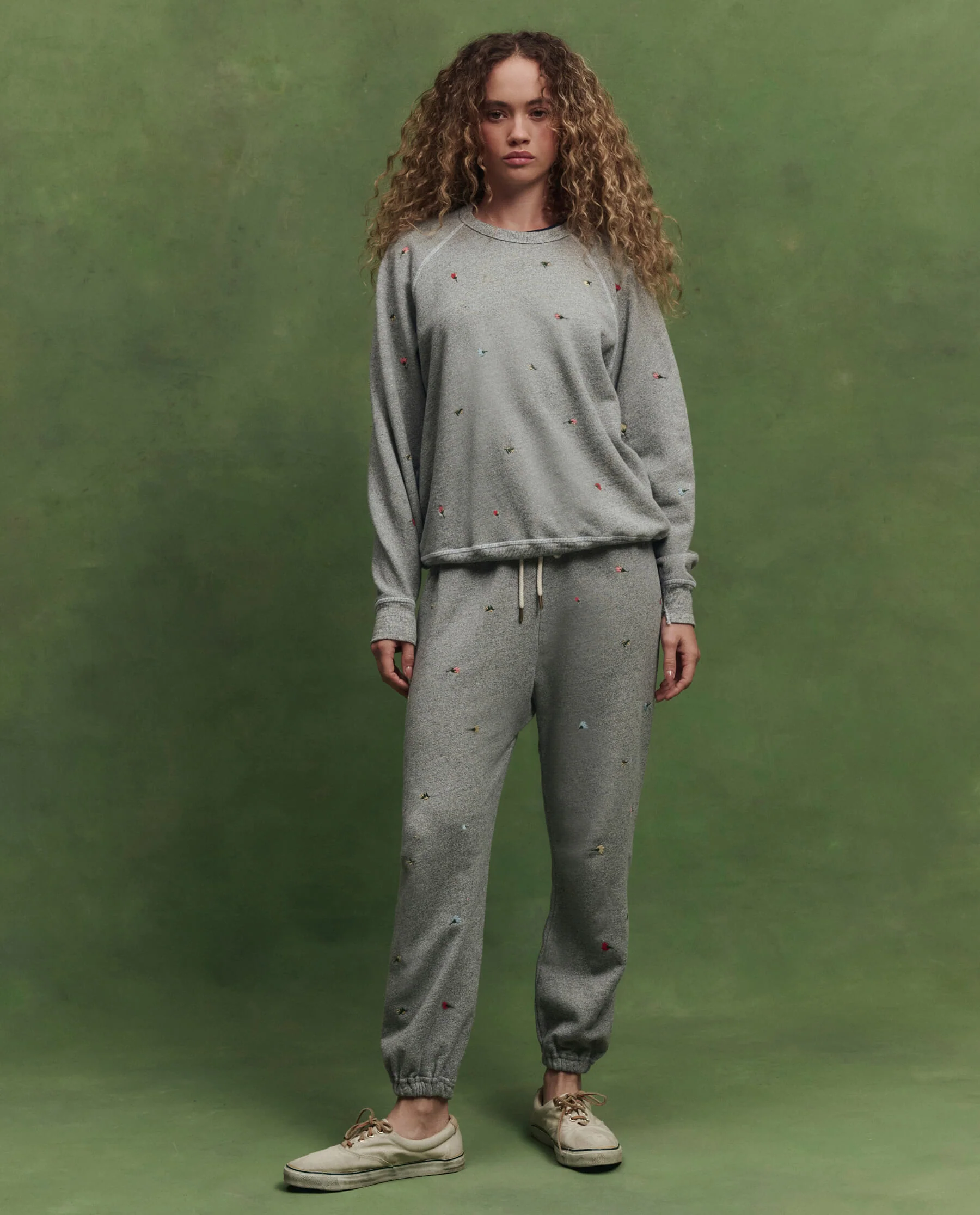 The Stadium Sweatpant w/ Tossed Floral Embroidery. -- Varsity Grey
