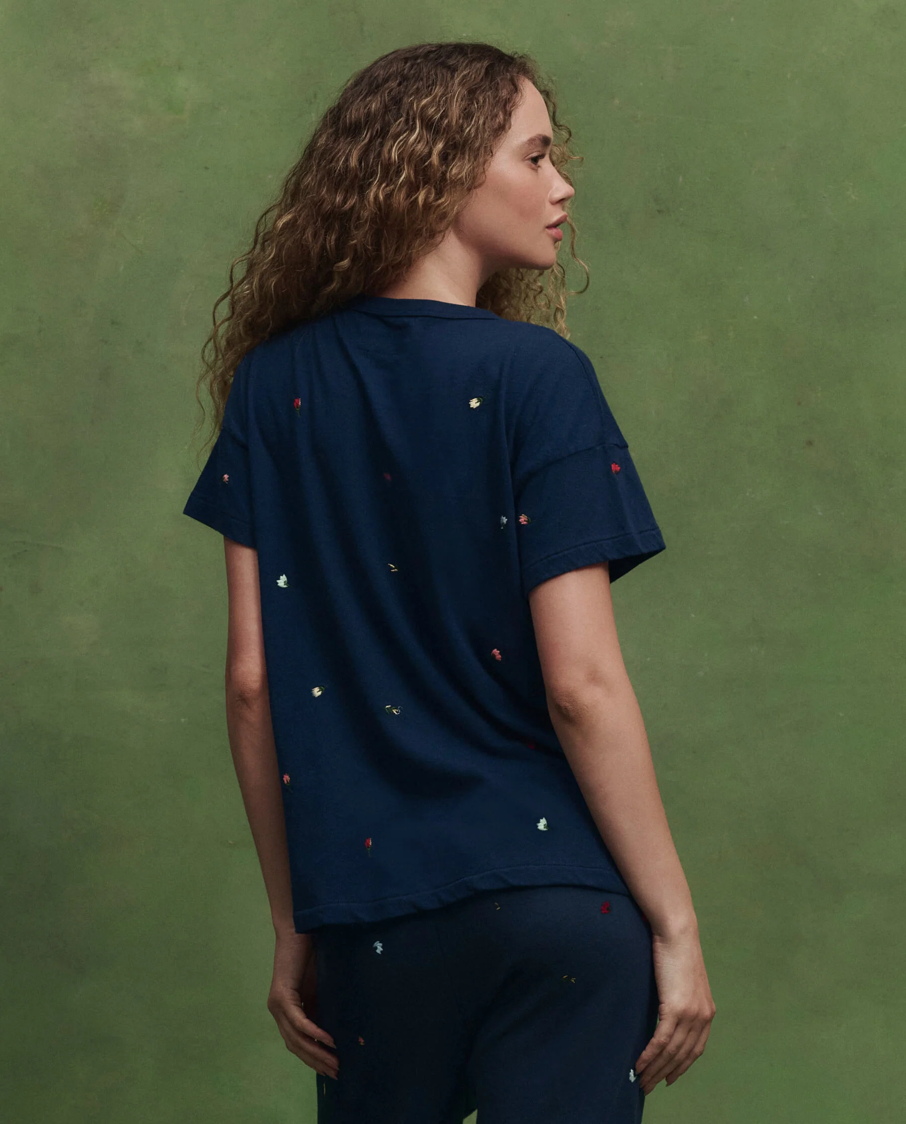The Boxy Crew w/ Tossed Floral Embroidery. -- Navy