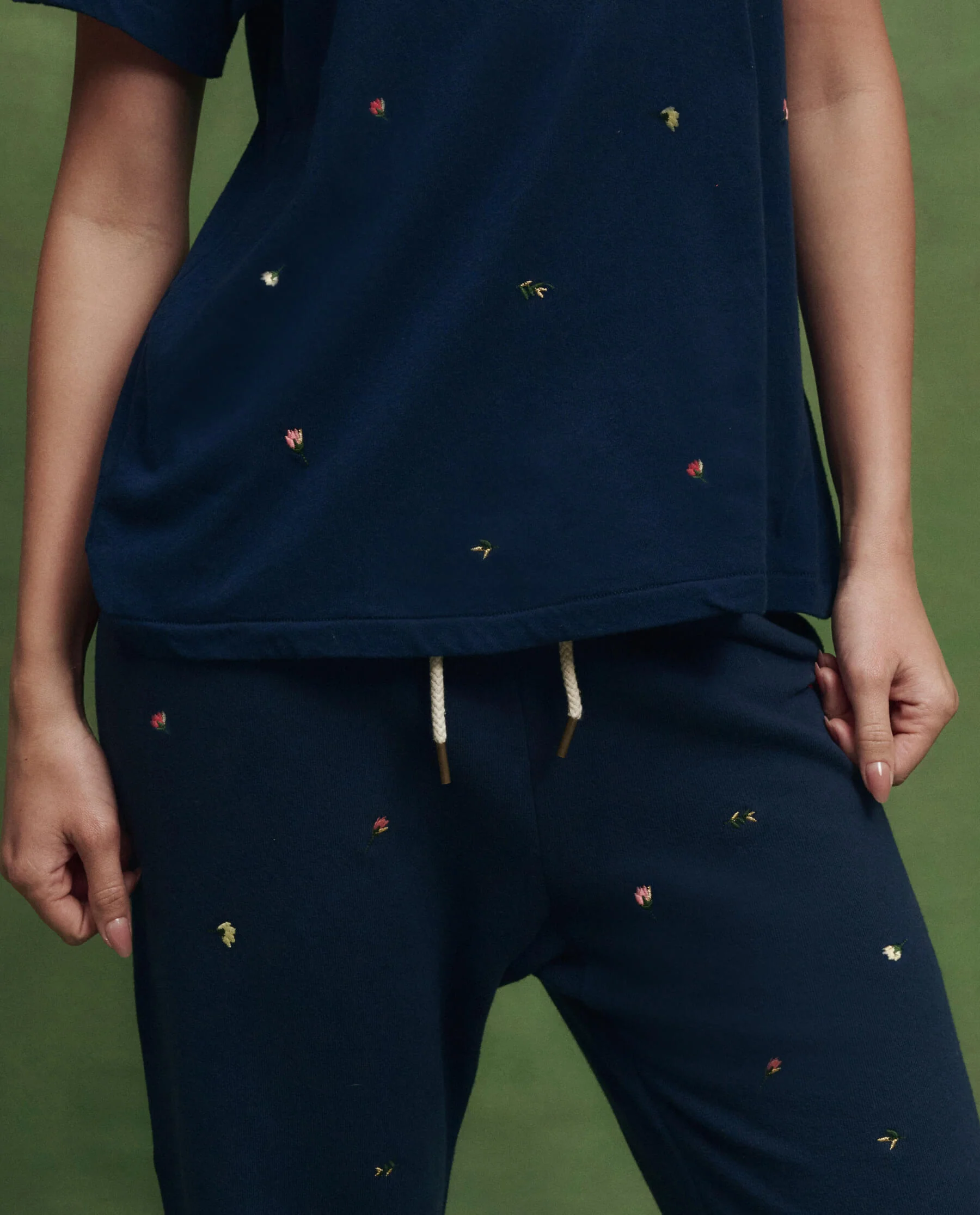 The Boxy Crew w/ Tossed Floral Embroidery. -- Navy