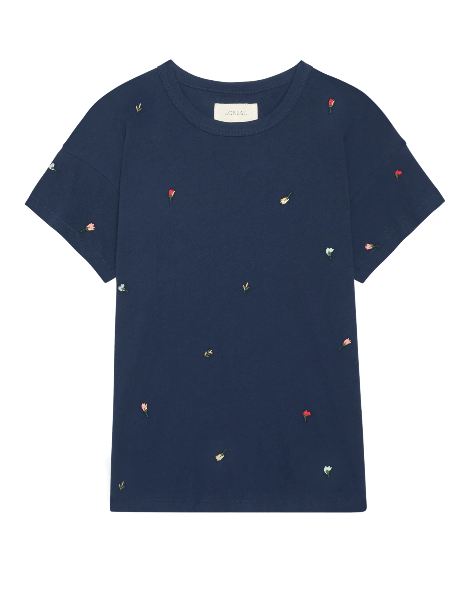 The Boxy Crew w/ Tossed Floral Embroidery. -- Navy