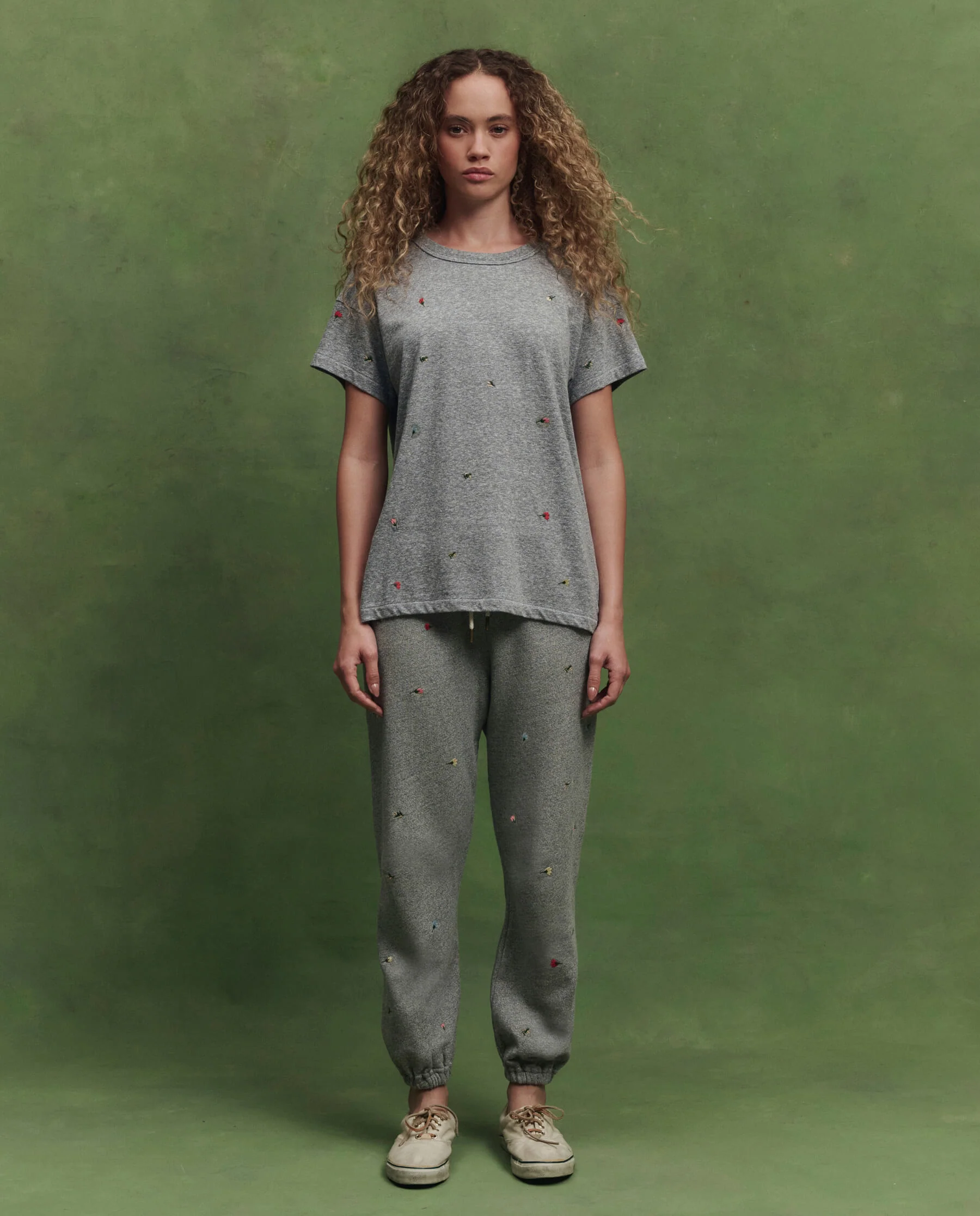 The Boxy Crew w/ Tossed Floral Embroidery. -- Heather Grey