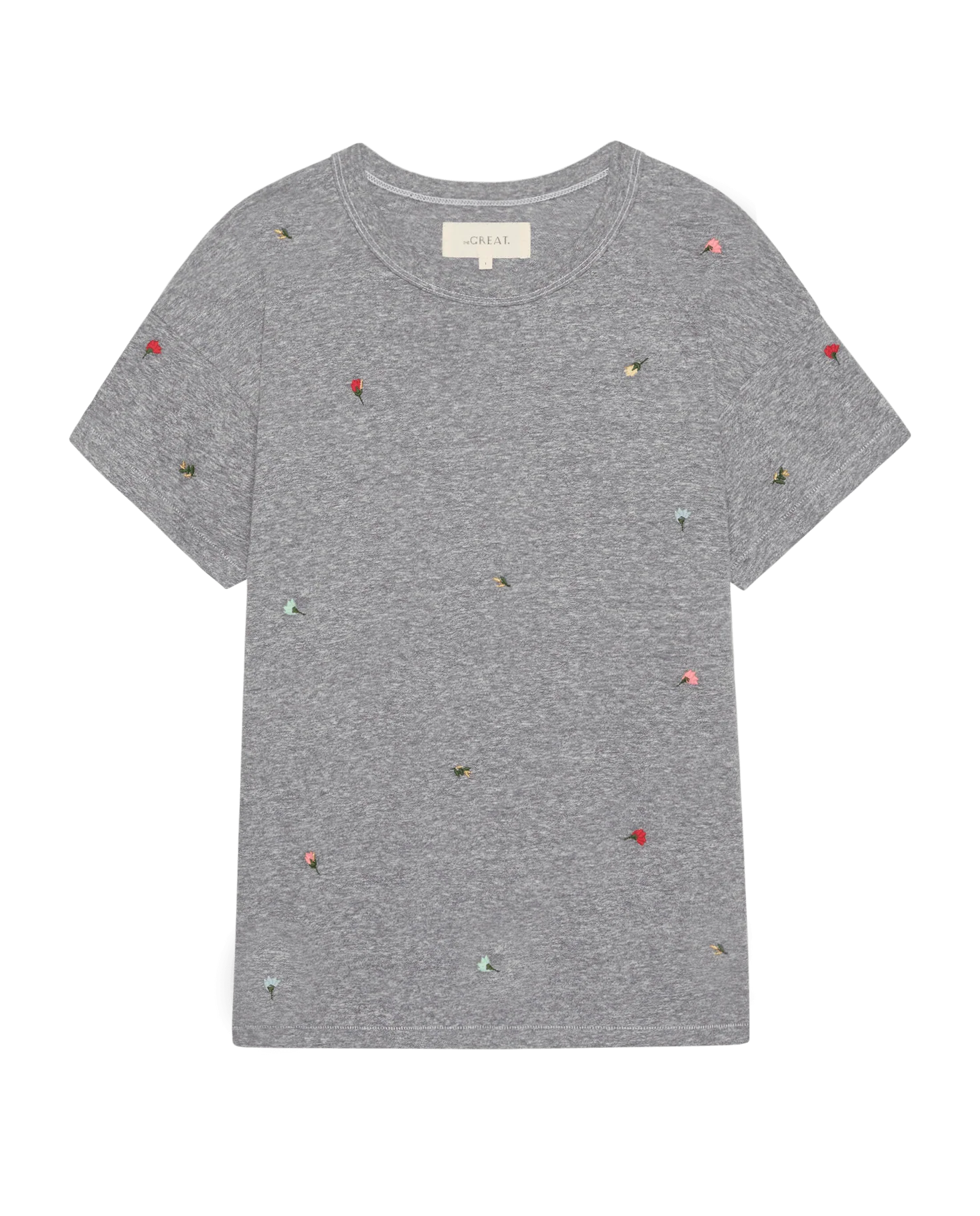 The Boxy Crew w/ Tossed Floral Embroidery. -- Heather Grey
