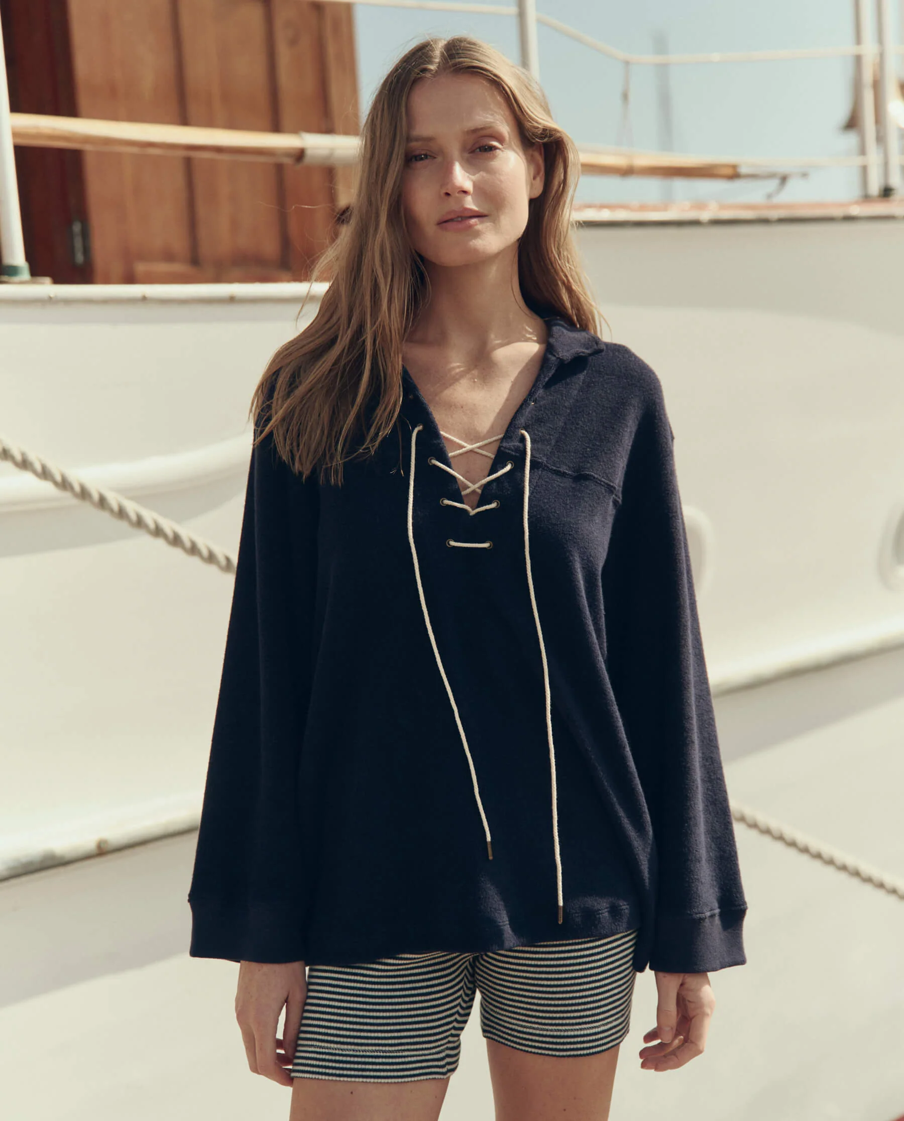The Micro Terry Lace Up Tunic. -- Navy