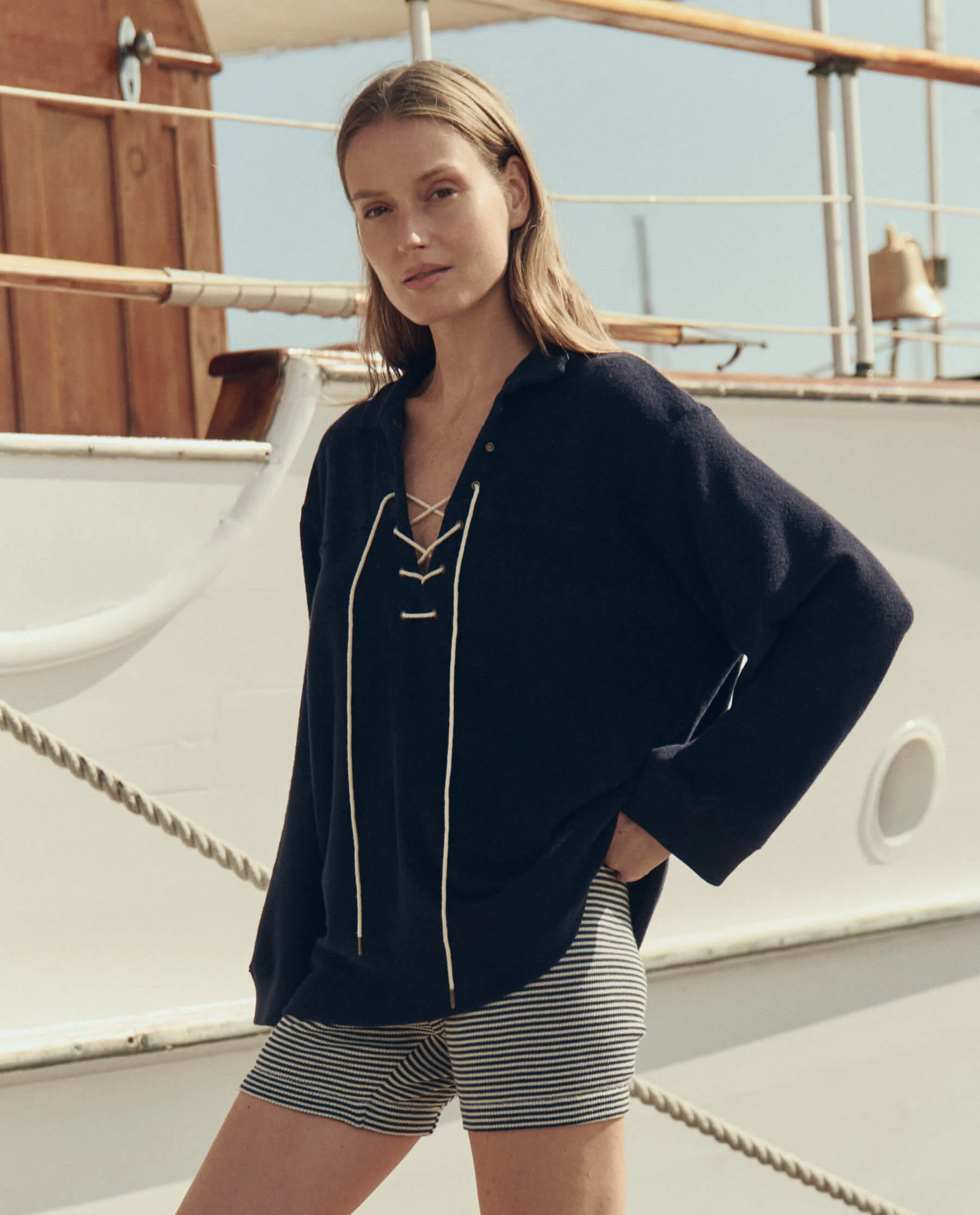The Micro Terry Lace Up Tunic. -- Navy