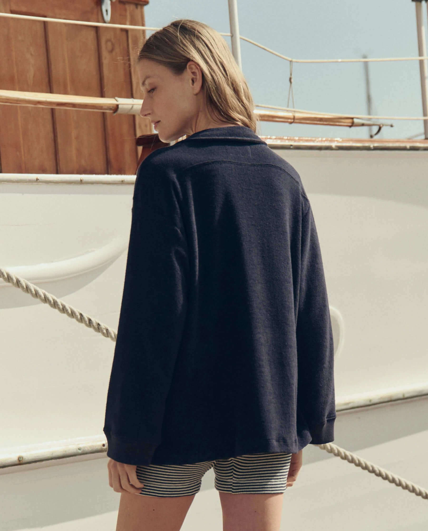 The Micro Terry Lace Up Tunic. -- Navy