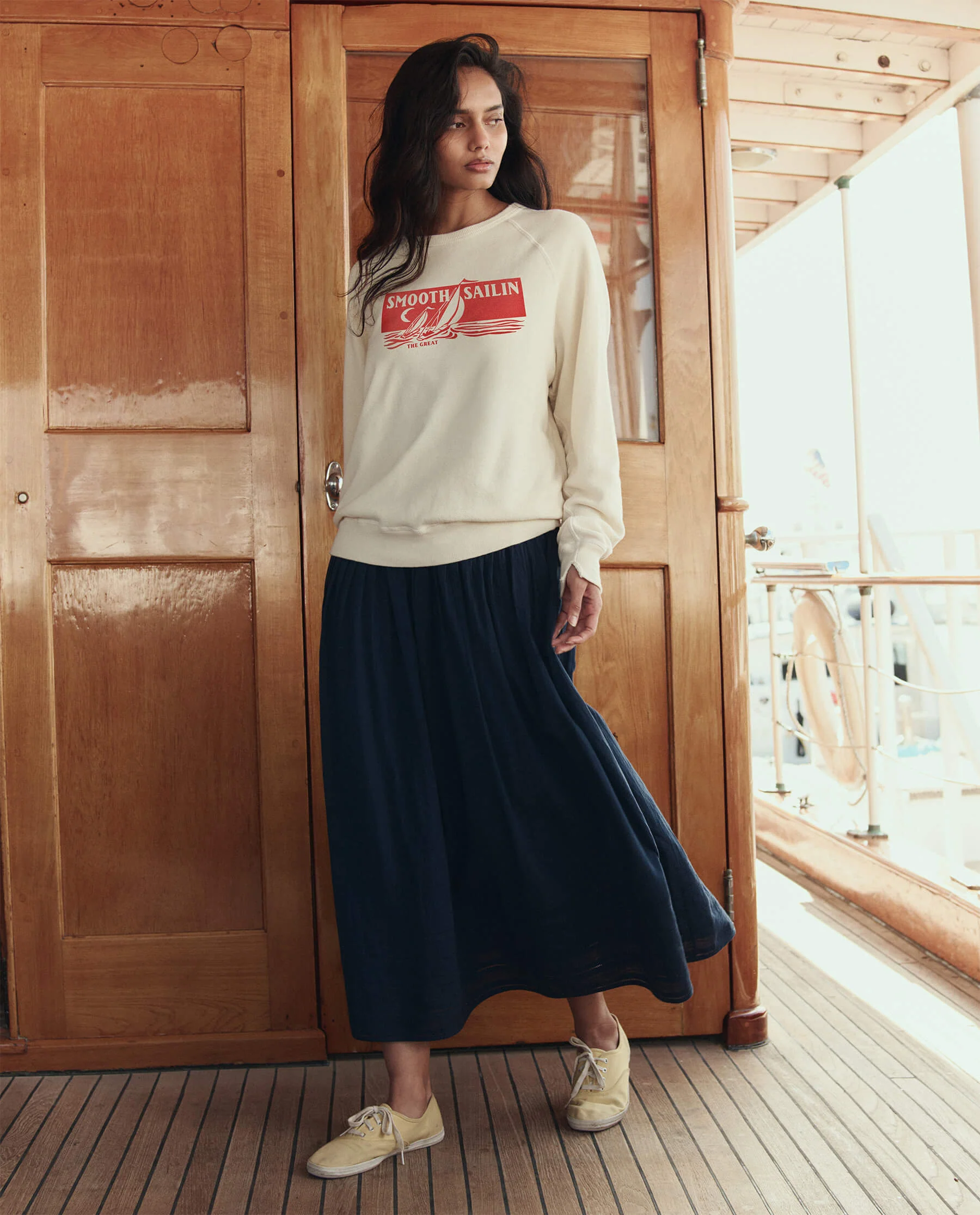 The College Sweatshirt w/ Smooth Sailin Graphic. -- Washed White