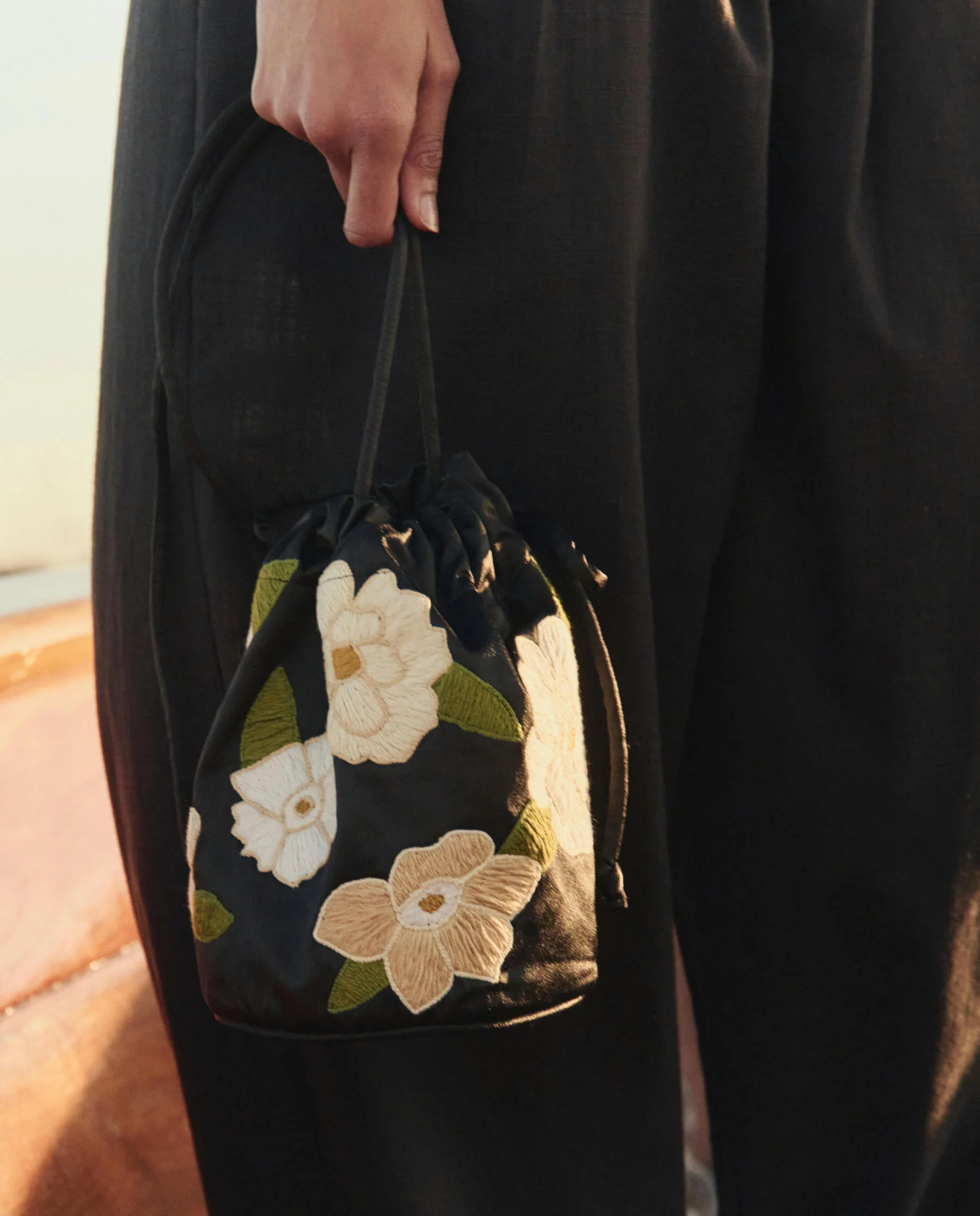 The Embroidered Cinched Bucket Bag. -- Black