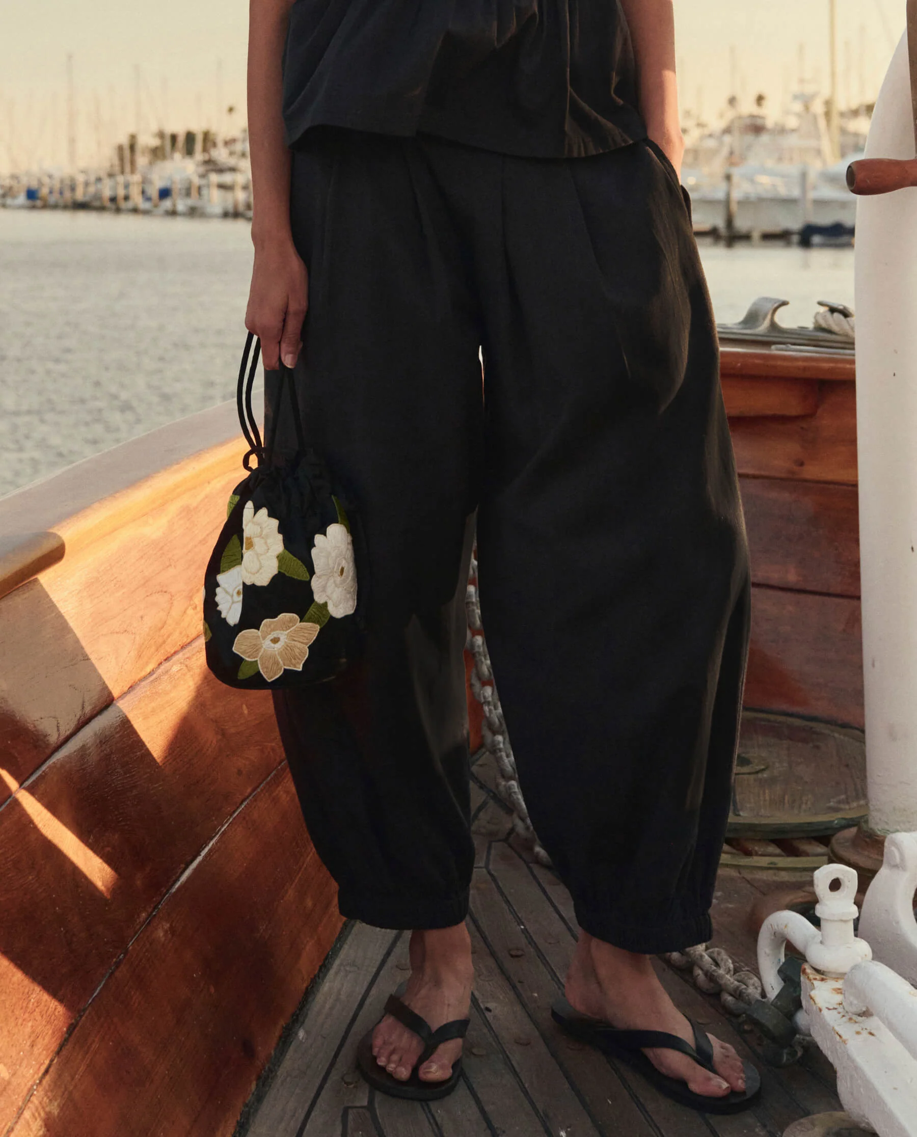 The Embroidered Cinched Bucket Bag. -- Black