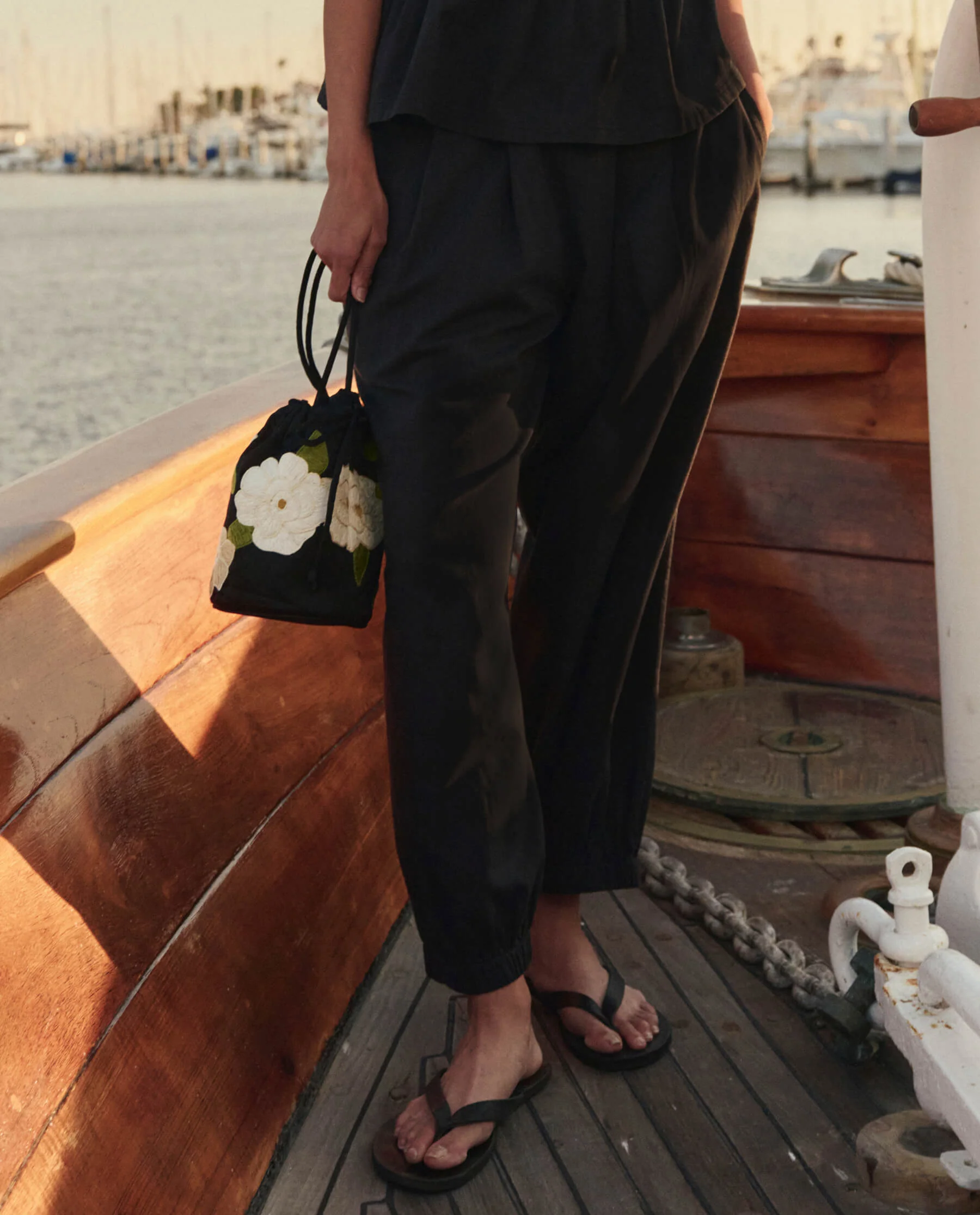 The Embroidered Cinched Bucket Bag. -- Black