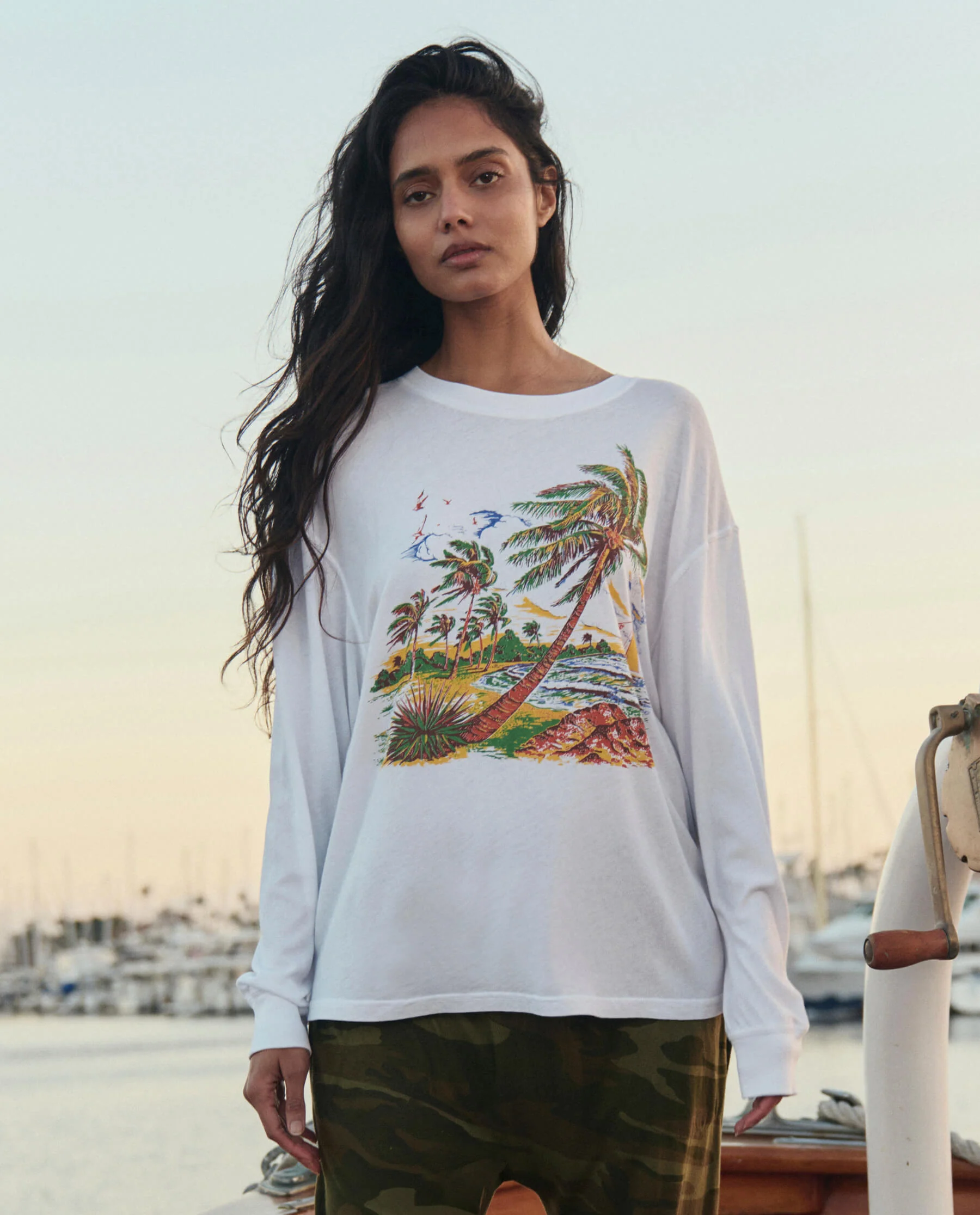 The Long Sleeve Relaxed Crew w/ Windy Shore Graphic. -- True White